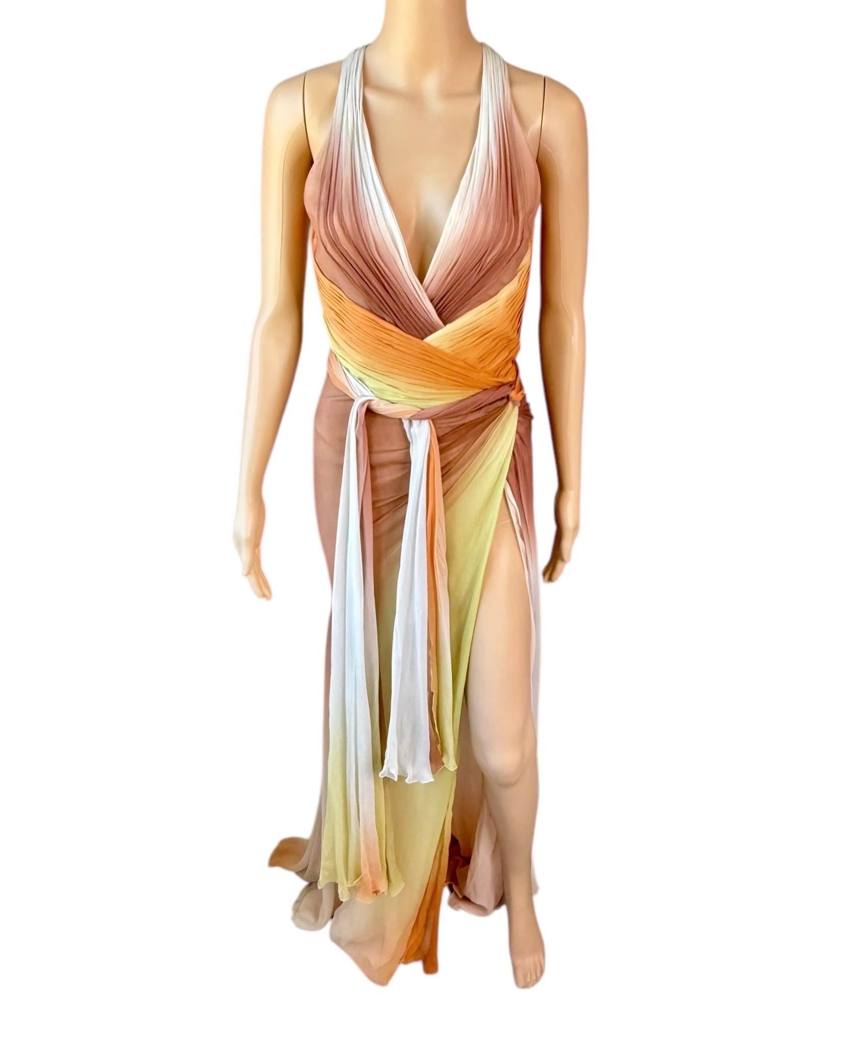 Versace S/S 2006 Runway Plunging Backless High Slit Ombre Evening Dress Gown 12