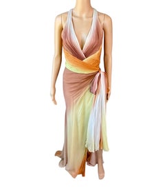 Versace S/S 2006 Runway Plunging Backless High Slit Ombre Evening Dress Gown