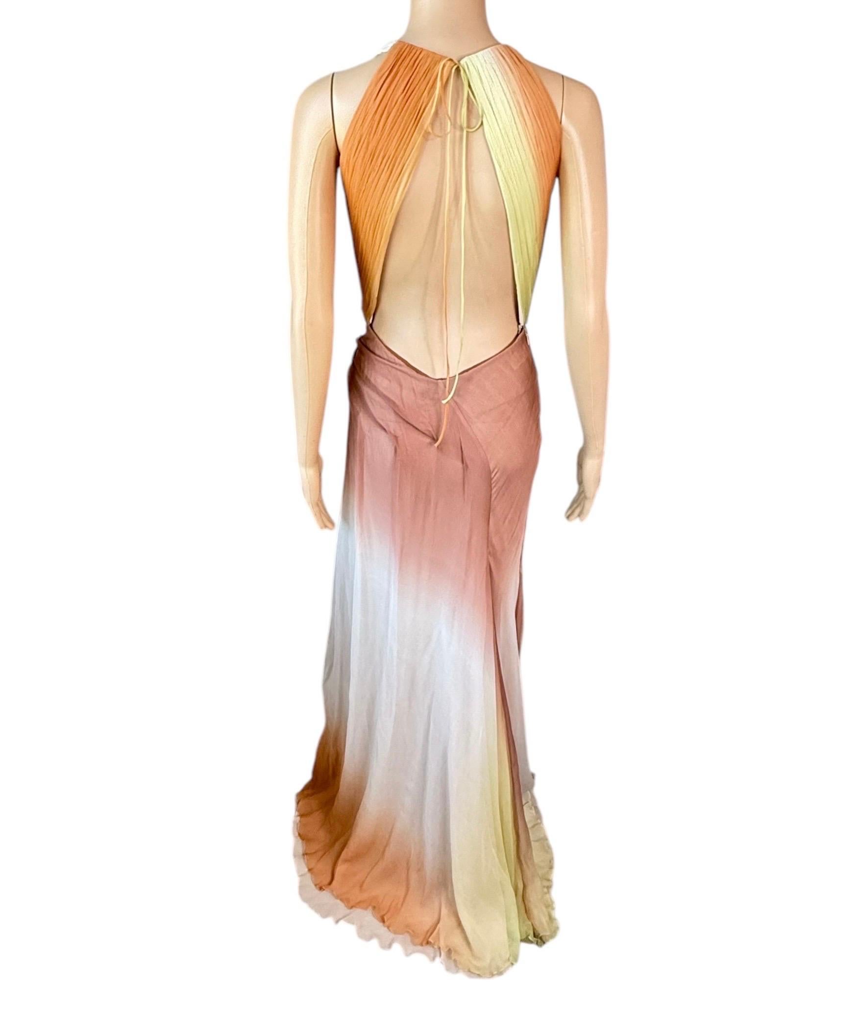 Beige Versace S/S 2006 Runway Plunging Backless High Slit Ombre Evening Dress Gown