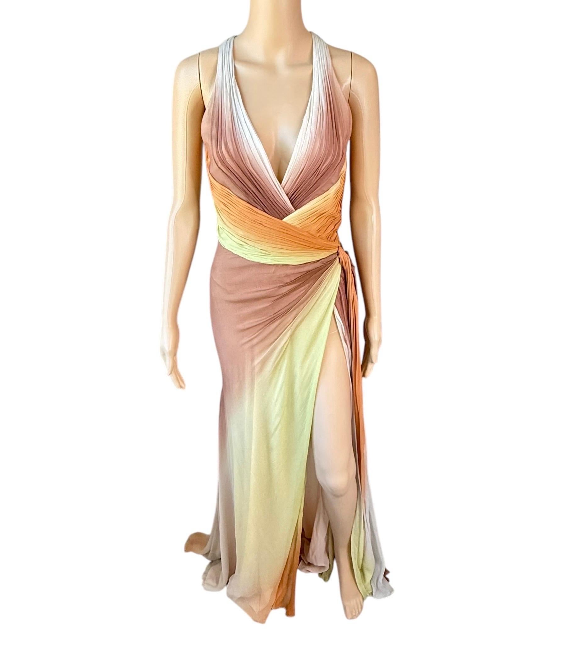 Women's Versace S/S 2006 Runway Plunging Backless High Slit Ombre Evening Dress Gown