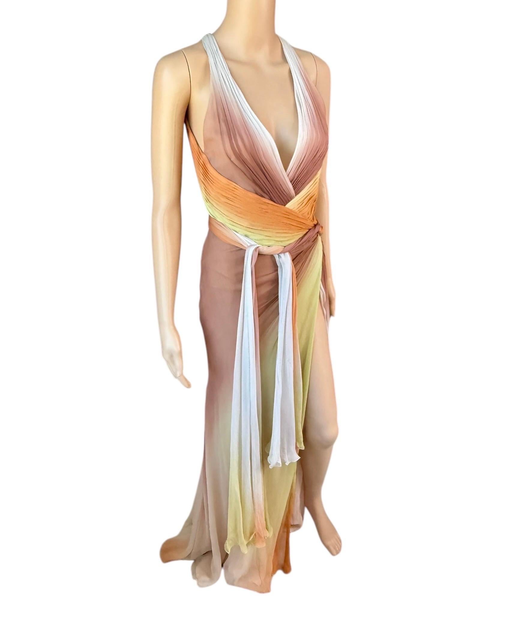Versace S/S 2006 Runway Plunging Backless High Slit Ombre Evening Dress Gown 4