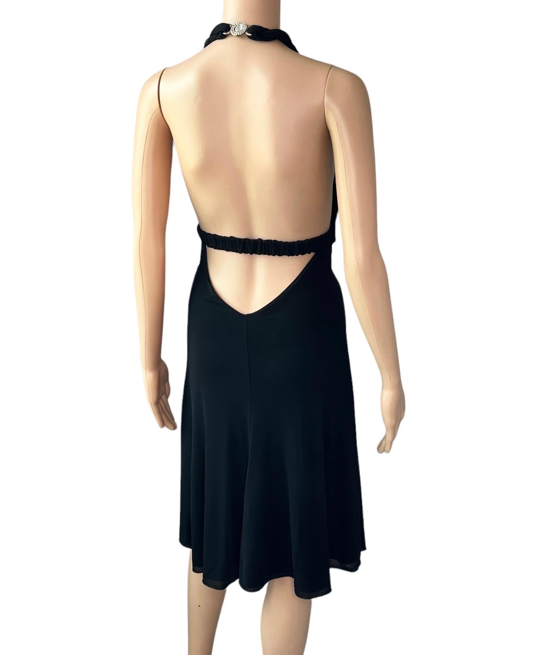 Versace S/S 2007 Crystal Logo Plunging Neckline Backless Halter Black Dress For Sale 6