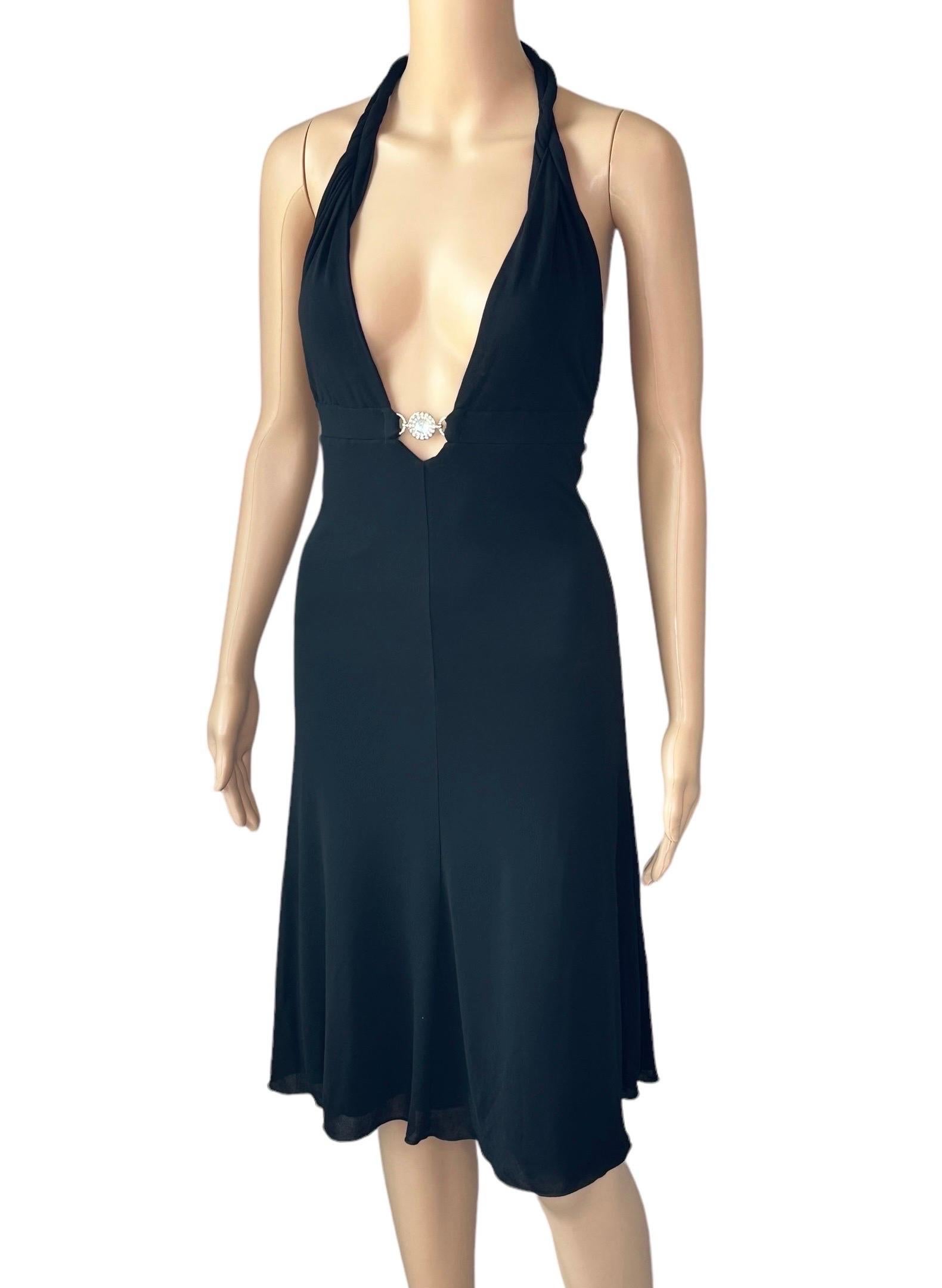 Versace S/S 2007 Crystal Logo Plunging Neckline Backless Halter Black Dress For Sale 7