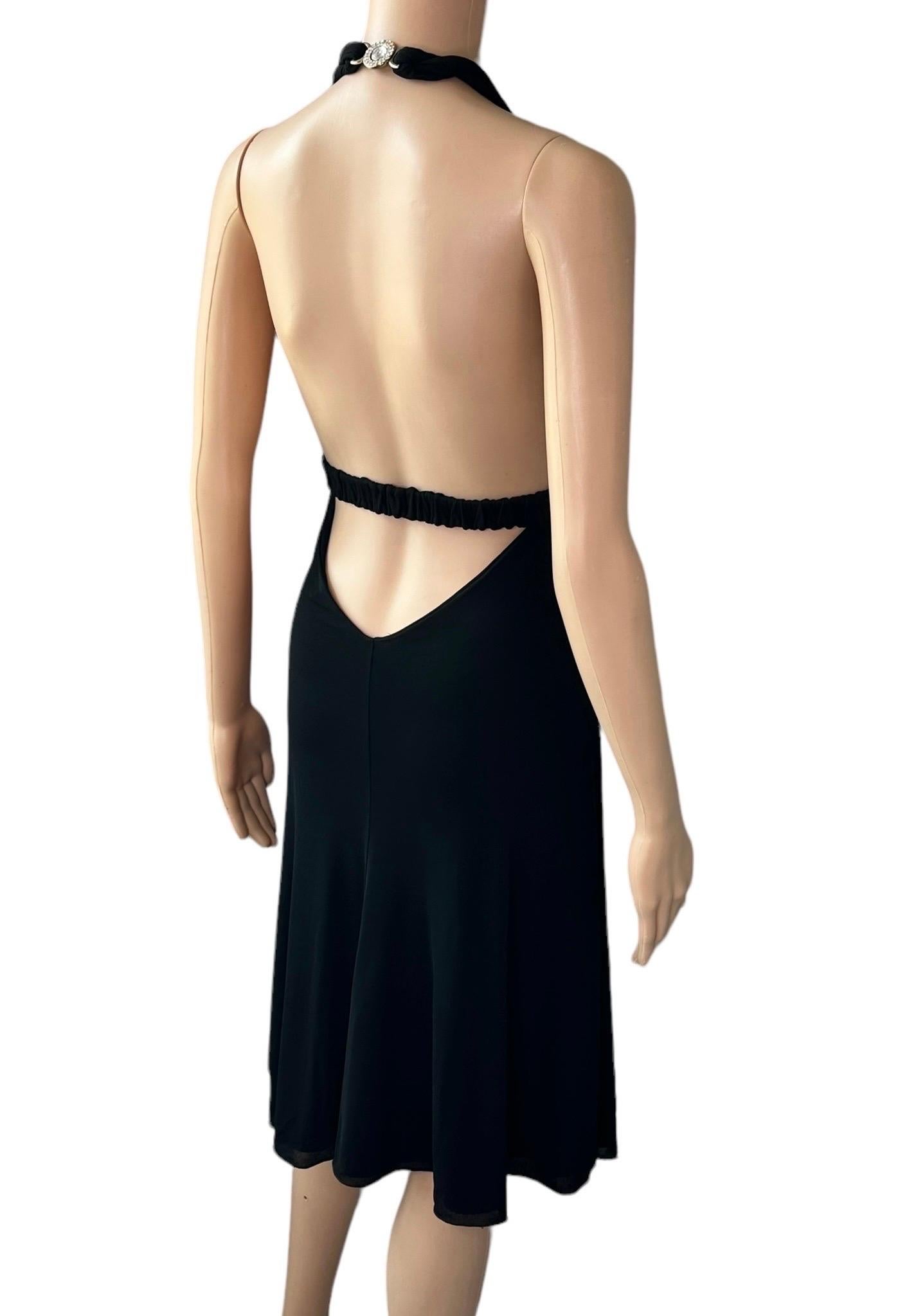 Versace S/S 2007 Crystal Logo Plunging Neckline Backless Halter Black Dress For Sale 8