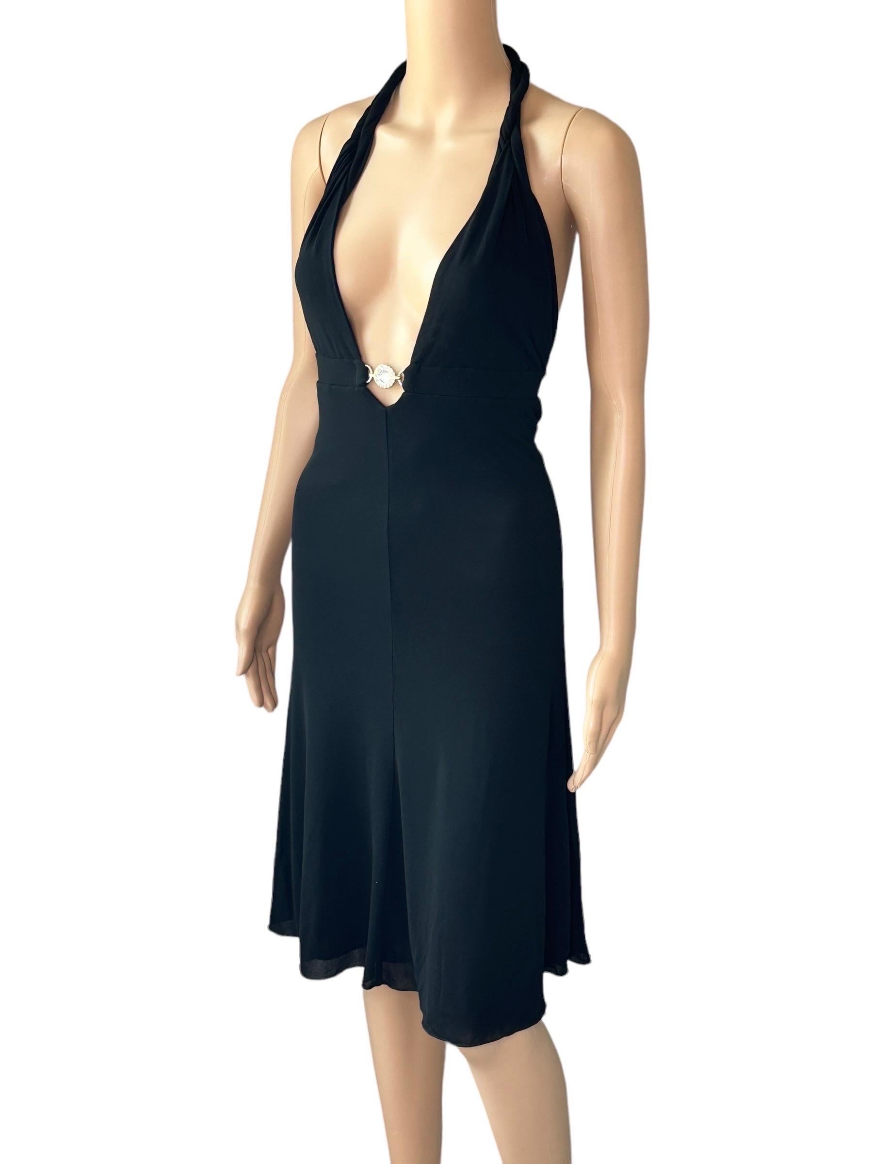 Versace S/S 2007 Crystal Logo Plunging Neckline Backless Halter Black Dress For Sale 9