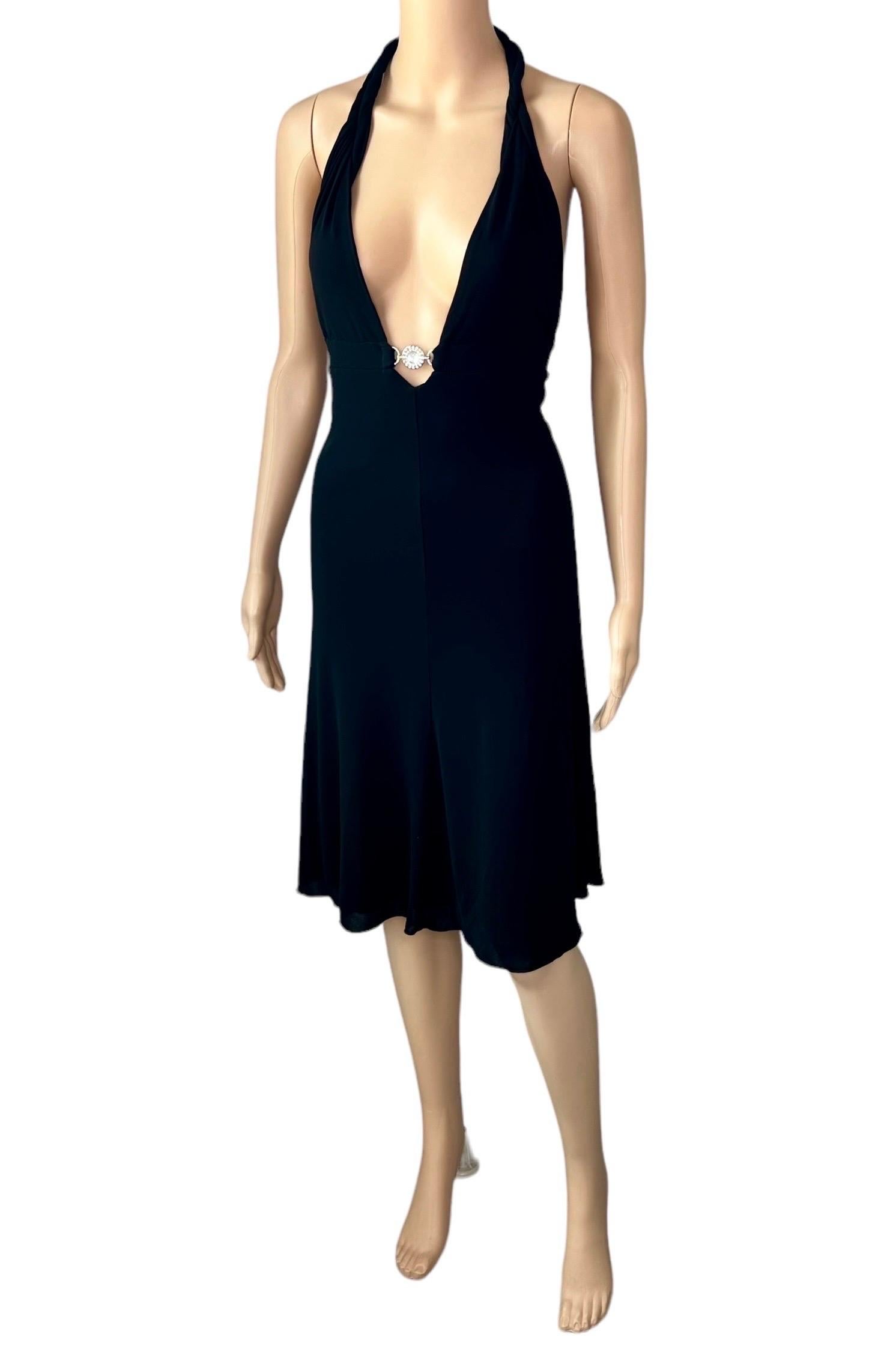 Versace S/S 2007 Crystal Logo Plunging Neckline Backless Halter Black Dress For Sale 10