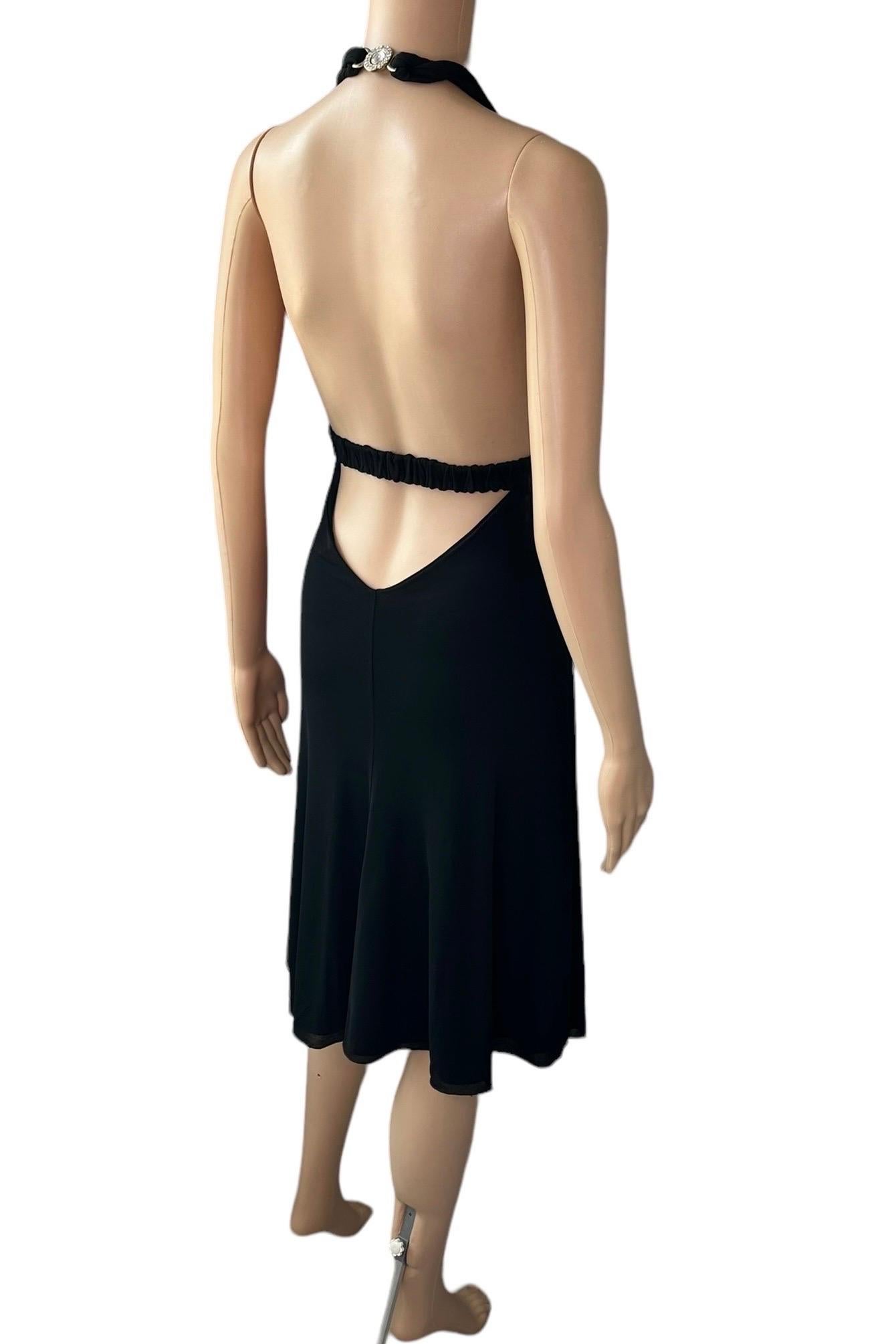 Versace S/S 2007 Crystal Logo Plunging Neckline Backless Halter Black Dress For Sale 11