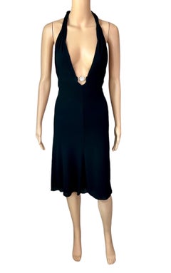 Versace S/S 2007 Crystal Logo Plunging Neckline Backless Halter Black Dress
