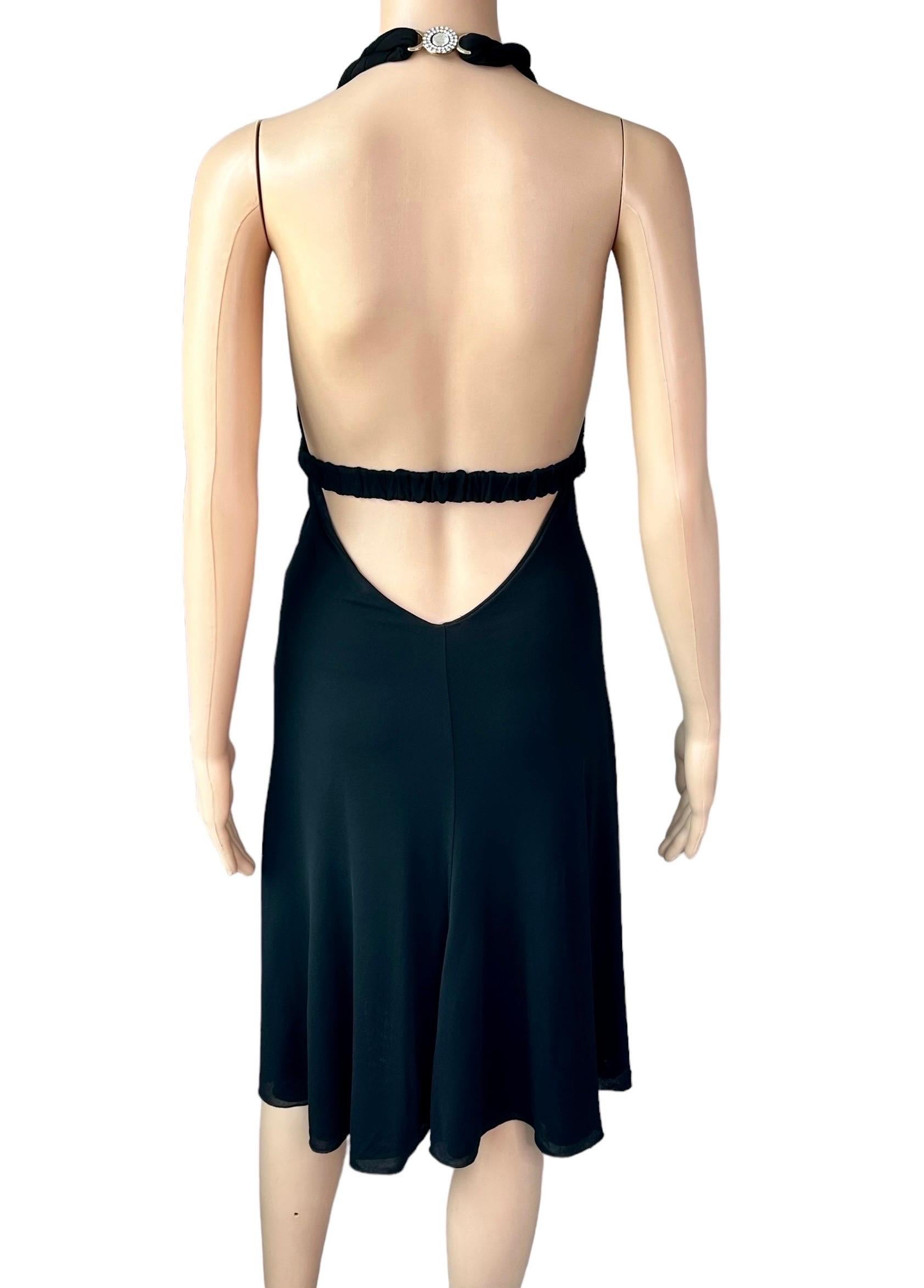 Versace S/S 2007 Crystal Logo Plunging Neckline Backless Halter Black Dress In New Condition For Sale In Naples, FL