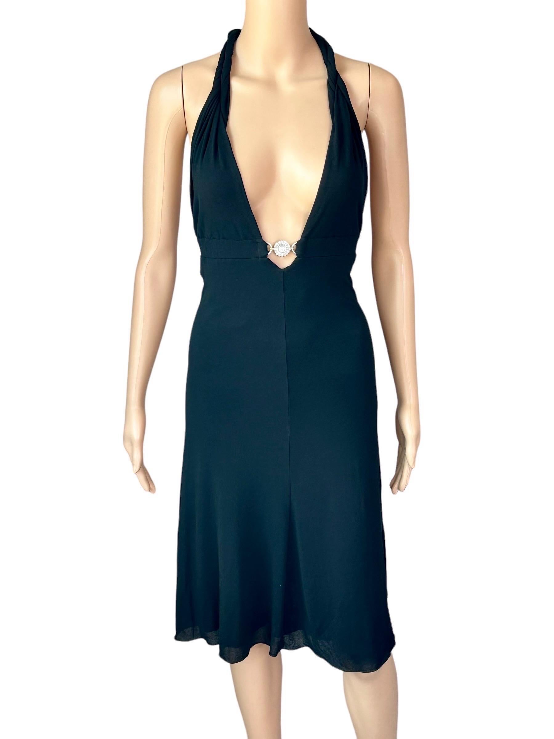 Versace S/S 2007 Crystal Logo Plunging Neckline Backless Halter Black Dress For Sale 1