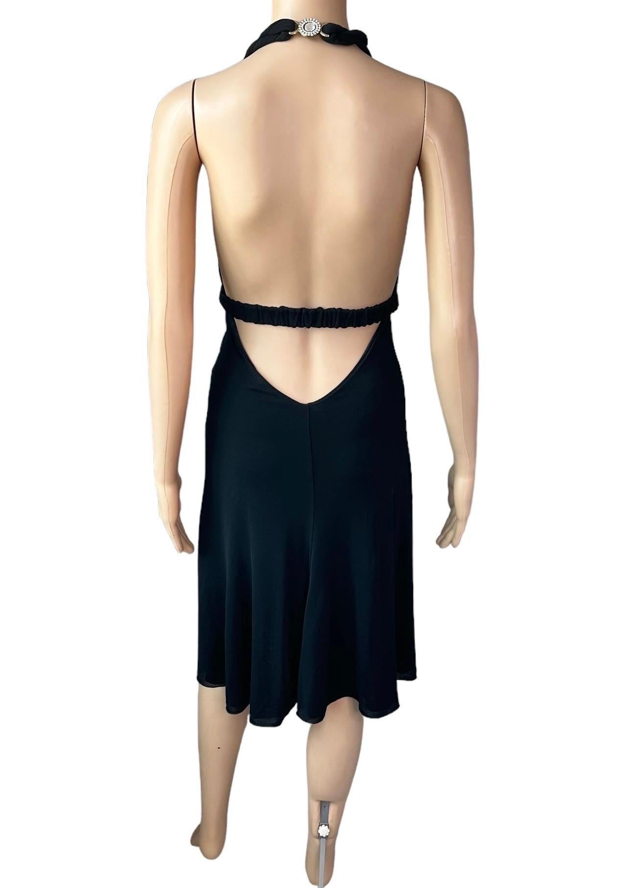 Versace S/S 2007 Crystal Logo Plunging Neckline Backless Halter Black Dress For Sale 2