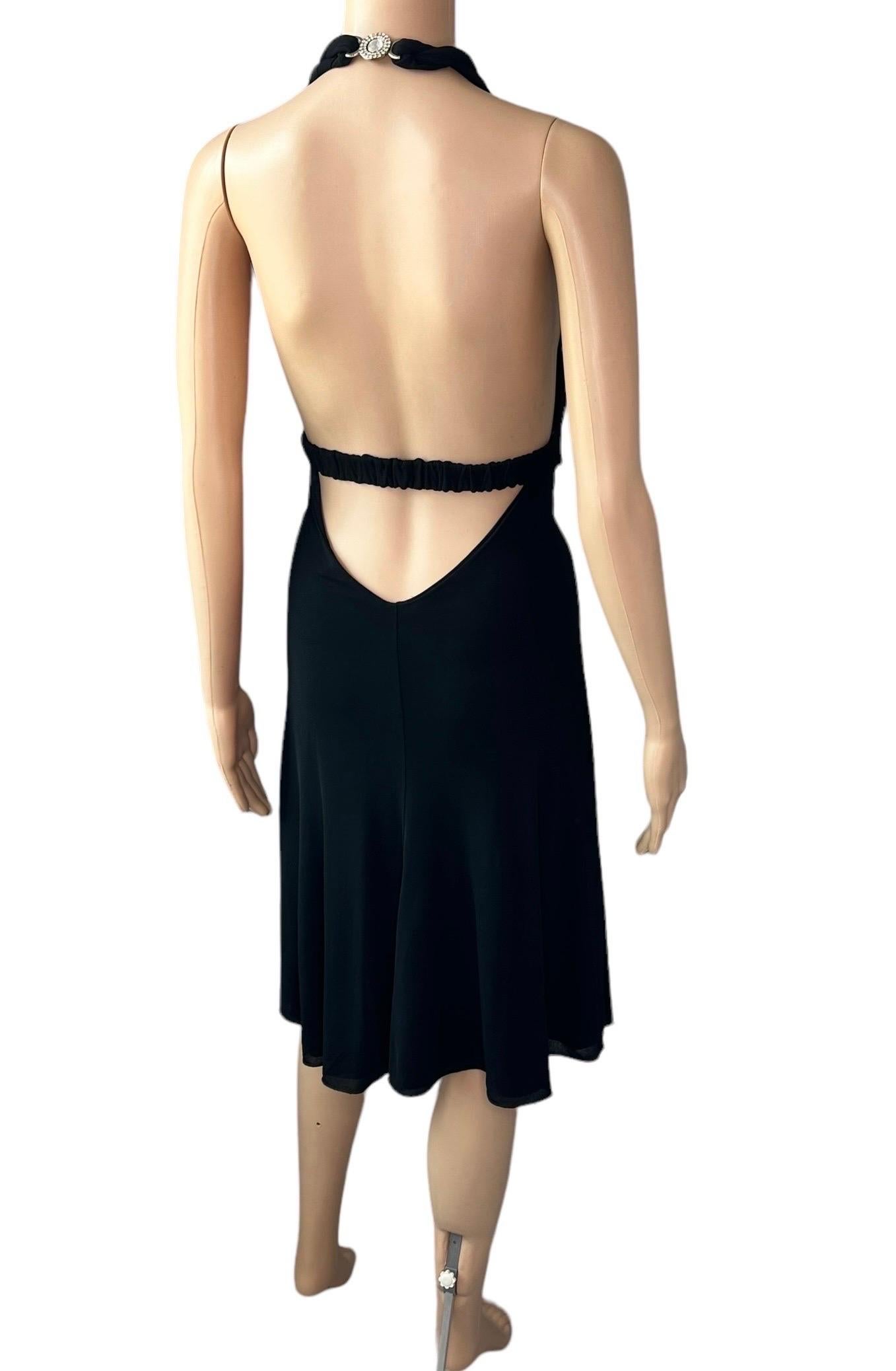 Versace S/S 2007 Crystal Logo Plunging Neckline Backless Halter Black Dress For Sale 4