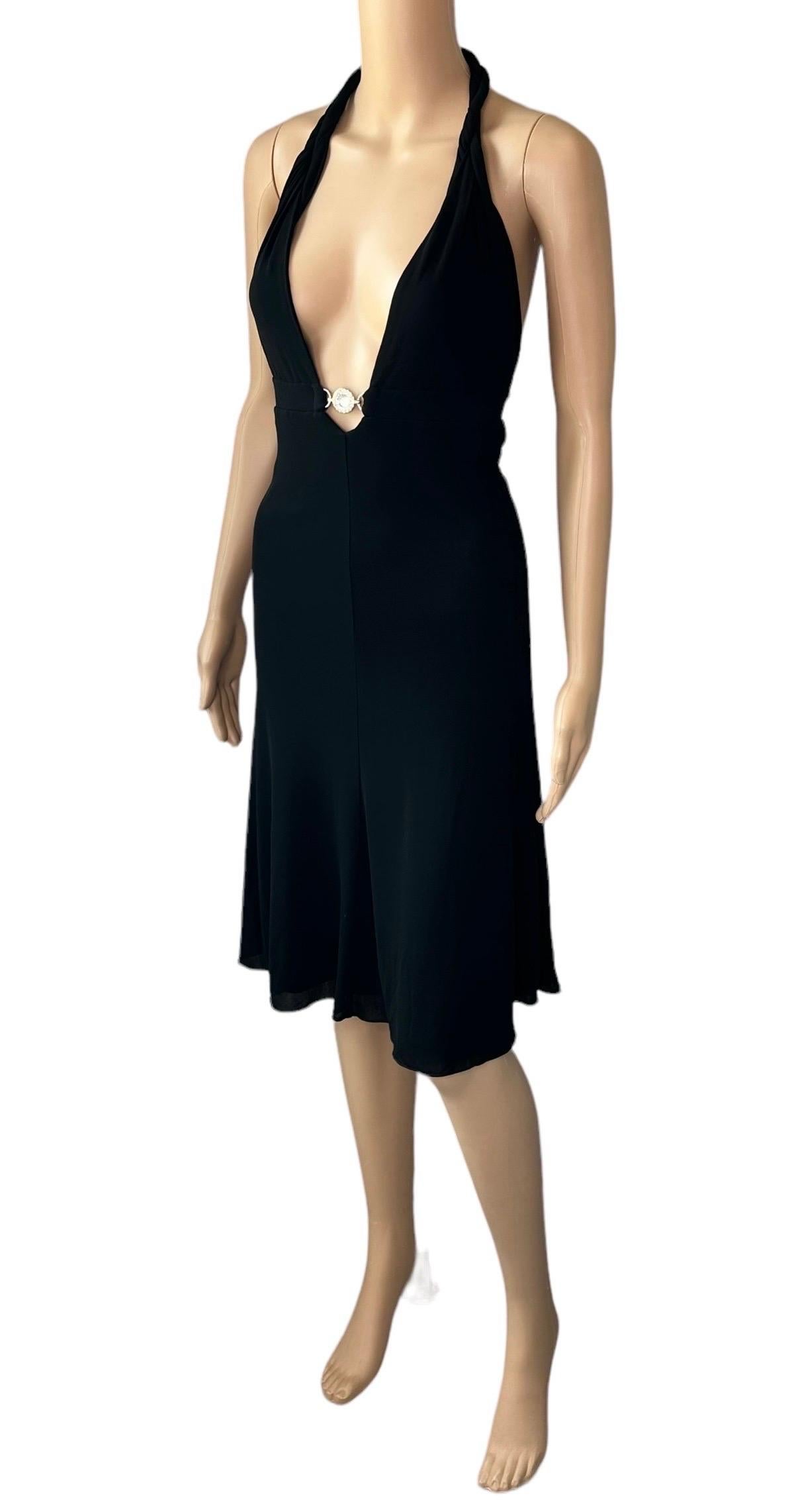 Versace S/S 2007 Crystal Logo Plunging Neckline Backless Halter Black Dress For Sale 5