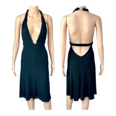 Versace S/S 2007 Kristall Logo tiefer Ausschnitt Rückenfreies Halter Schwarzes Kleid