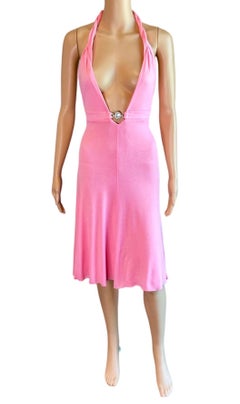 Versace S/S 2007 Crystal Logo Plunging Neckline Backless Halter Pink Dress