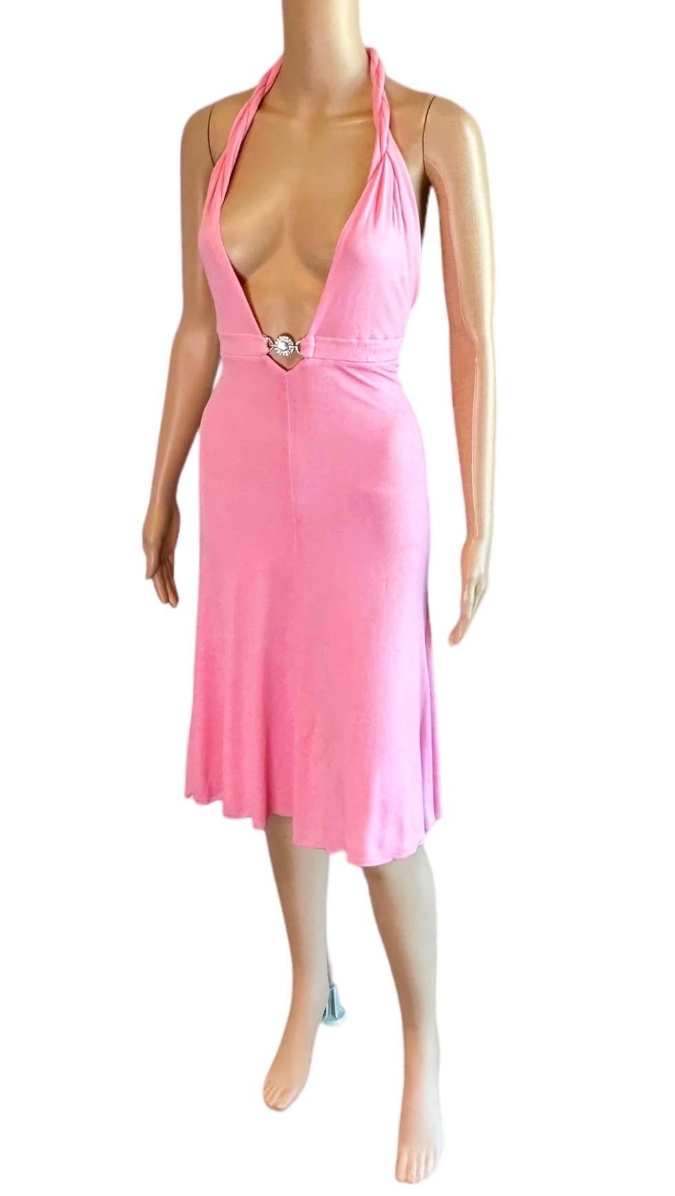 Versace S/S 2007 Crystal Logo Plunging Neckline Backless Halter Pink Dress In Good Condition For Sale In Naples, FL