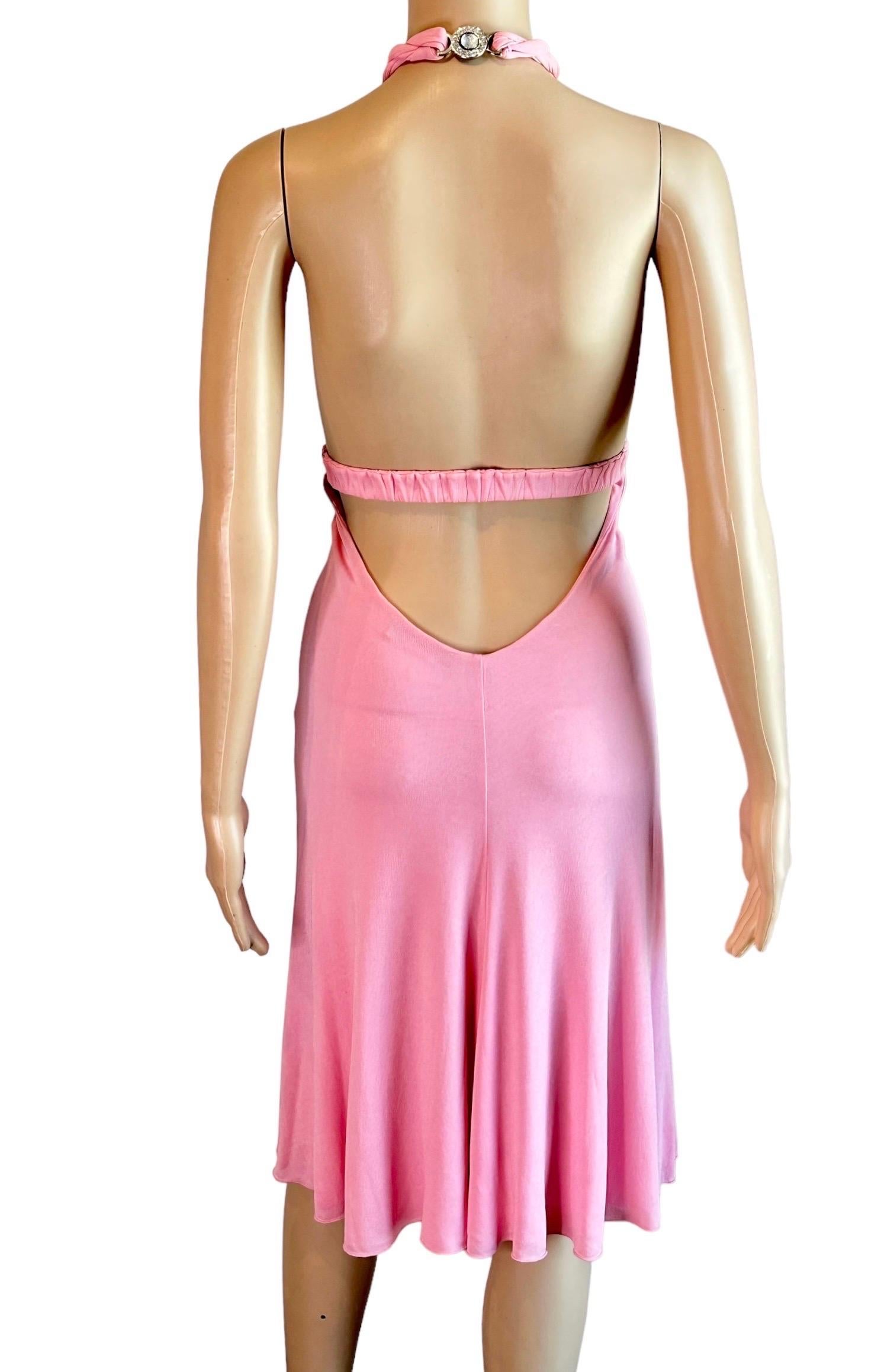 Women's Versace S/S 2007 Crystal Logo Plunging Neckline Backless Halter Pink Dress
