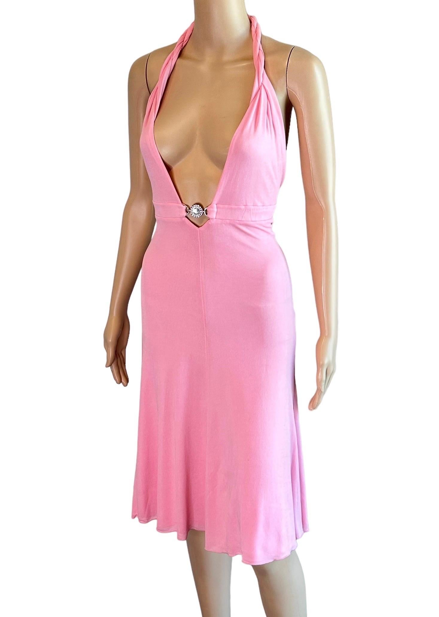 Versace S/S 2007 Crystal Logo Plunging Neckline Backless Halter Pink Dress For Sale 1