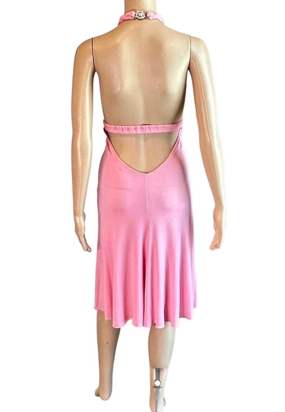 Versace S/S 2007 Crystal Logo Plunging Neckline Backless Halter Pink Dress For Sale 2