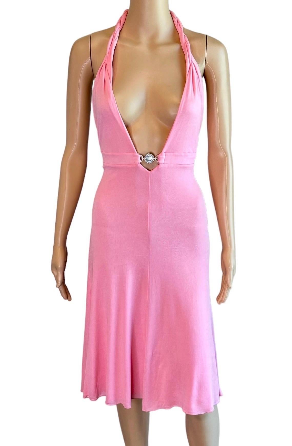 Versace S/S 2007 Crystal Logo Plunging Neckline Backless Halter Pink Dress 3