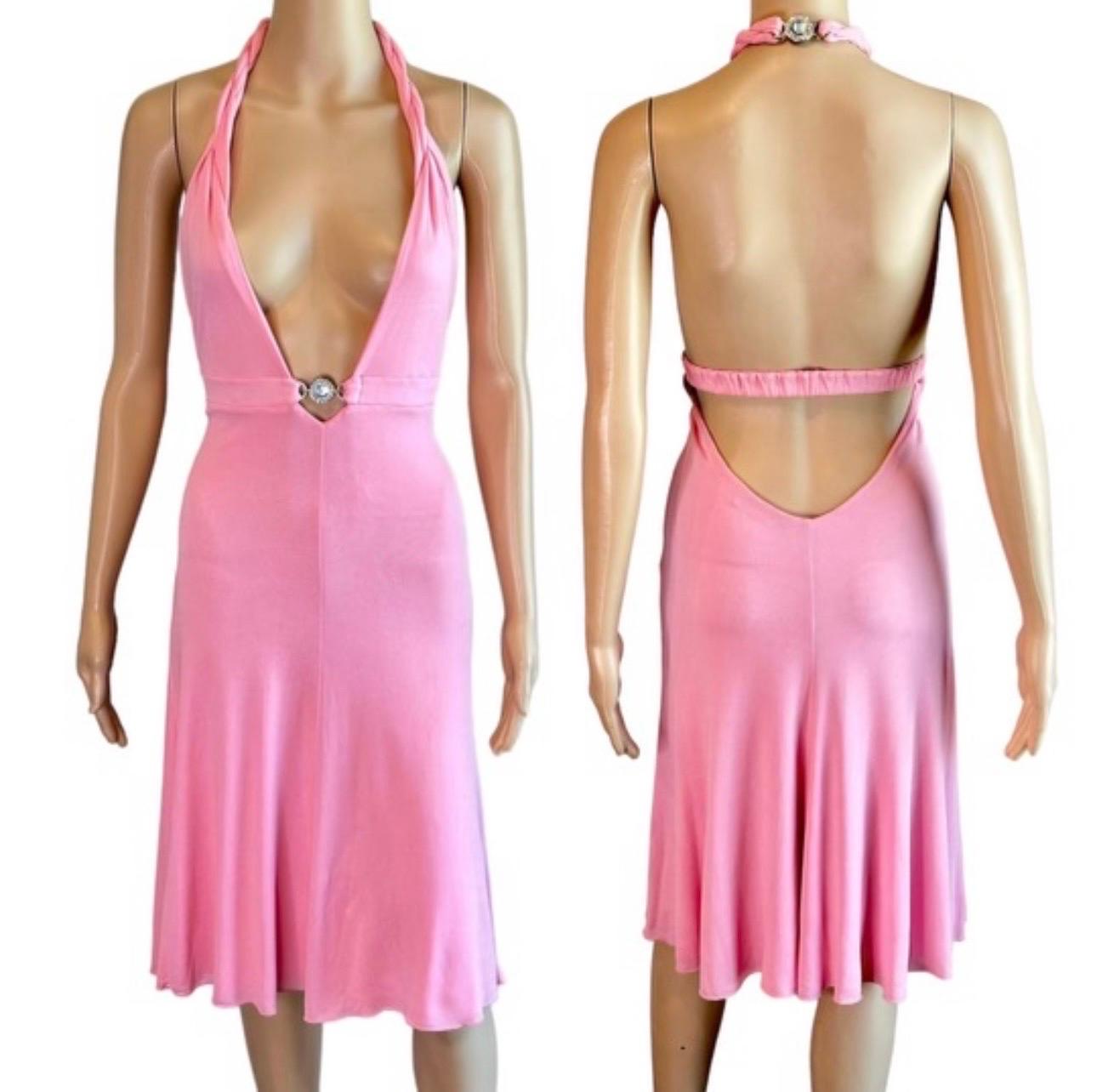 Versace S/S 2007 Crystal Logo Plunging Neckline Backless Halter Pink Dress For Sale 4