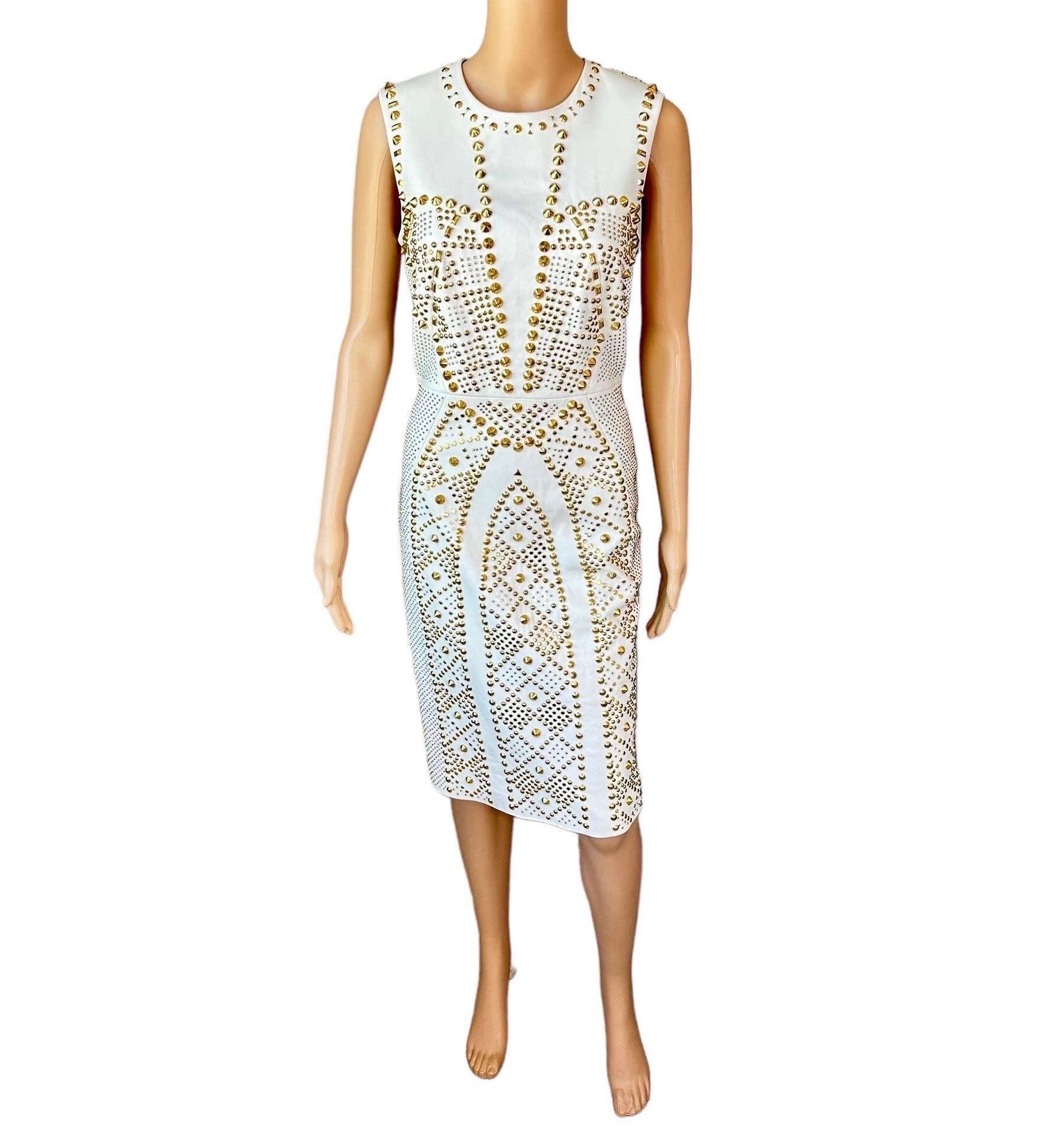Versace S/S 2012 Runway Embellished Gold Studded Ivory Leather Dress  For Sale 6