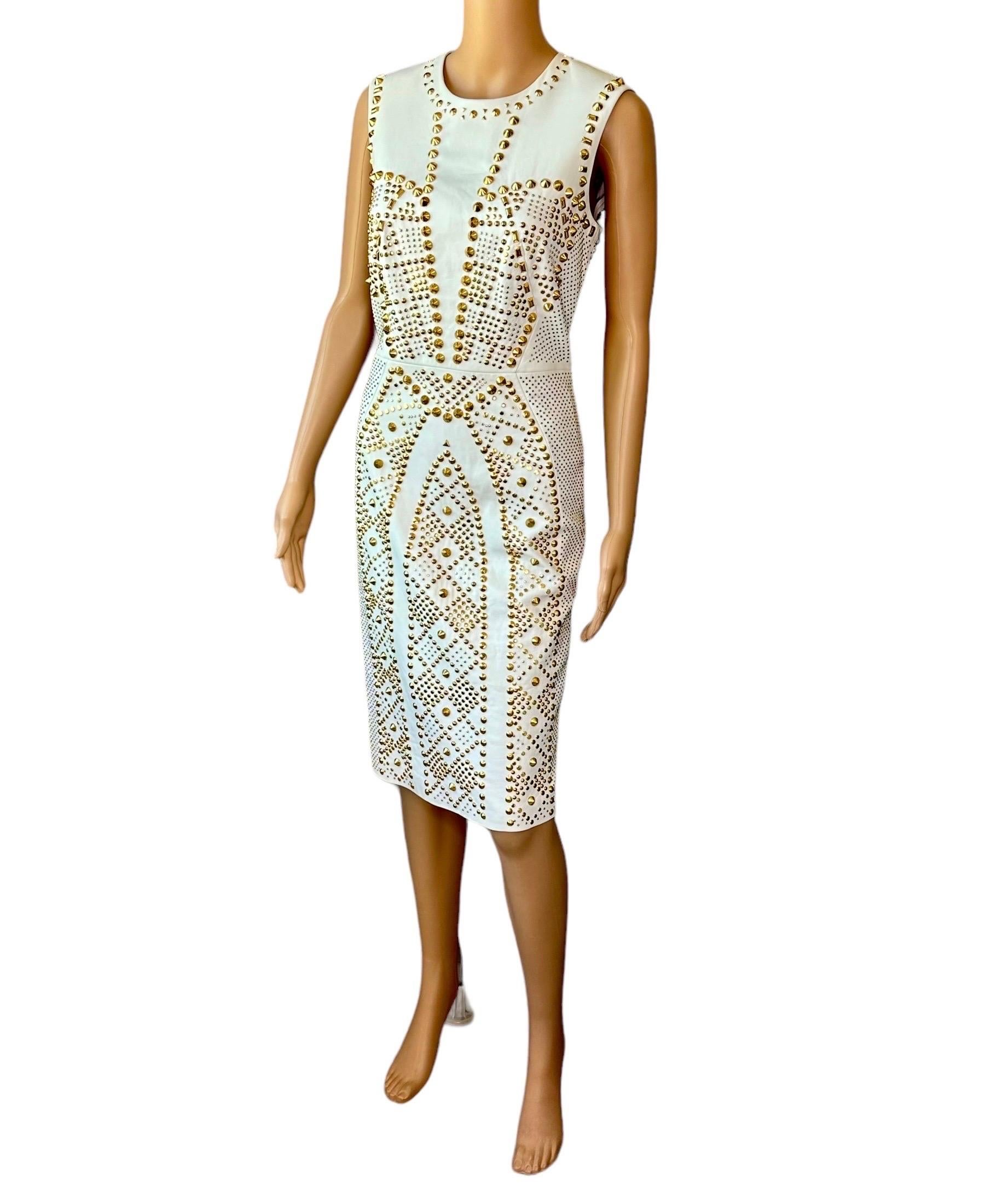 Versace S/S 2012 Runway Embellished Gold Studded Ivory Leather Dress  For Sale 7
