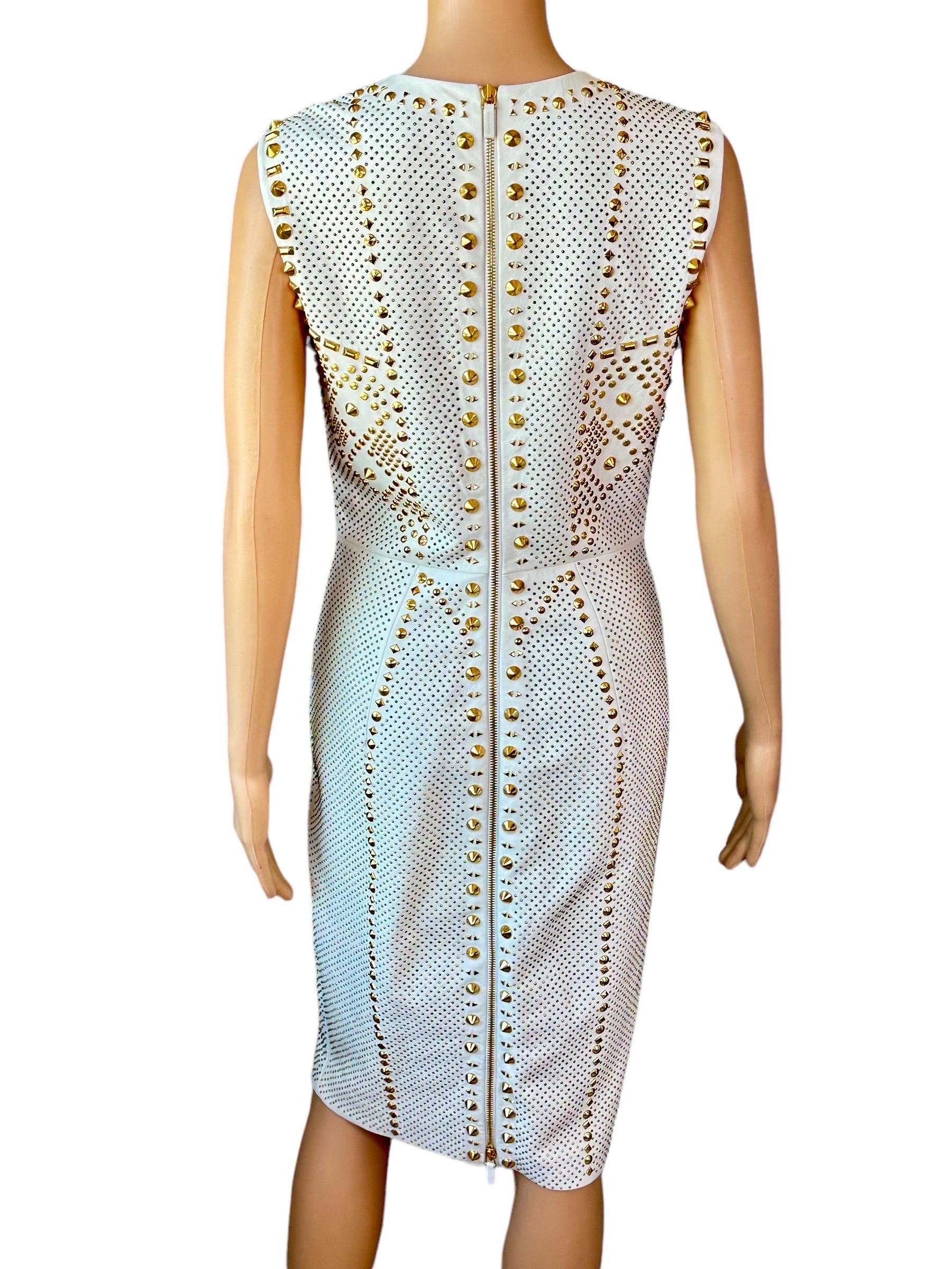 Versace S/S 2012 Runway Embellished Gold Studded Ivory Leather Dress  For Sale 8