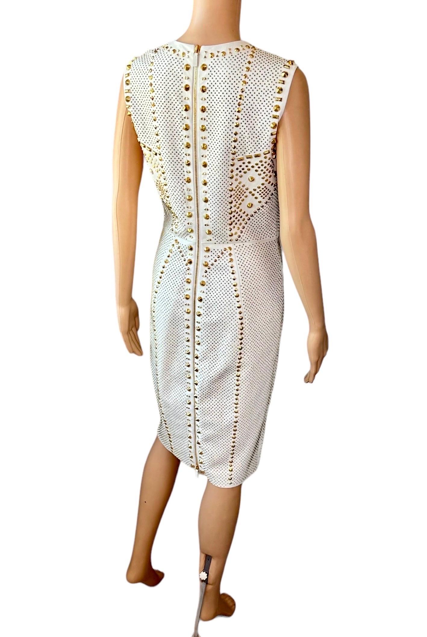 Versace S/S 2012 Runway Embellished Gold Studded Ivory Leather Dress  For Sale 9