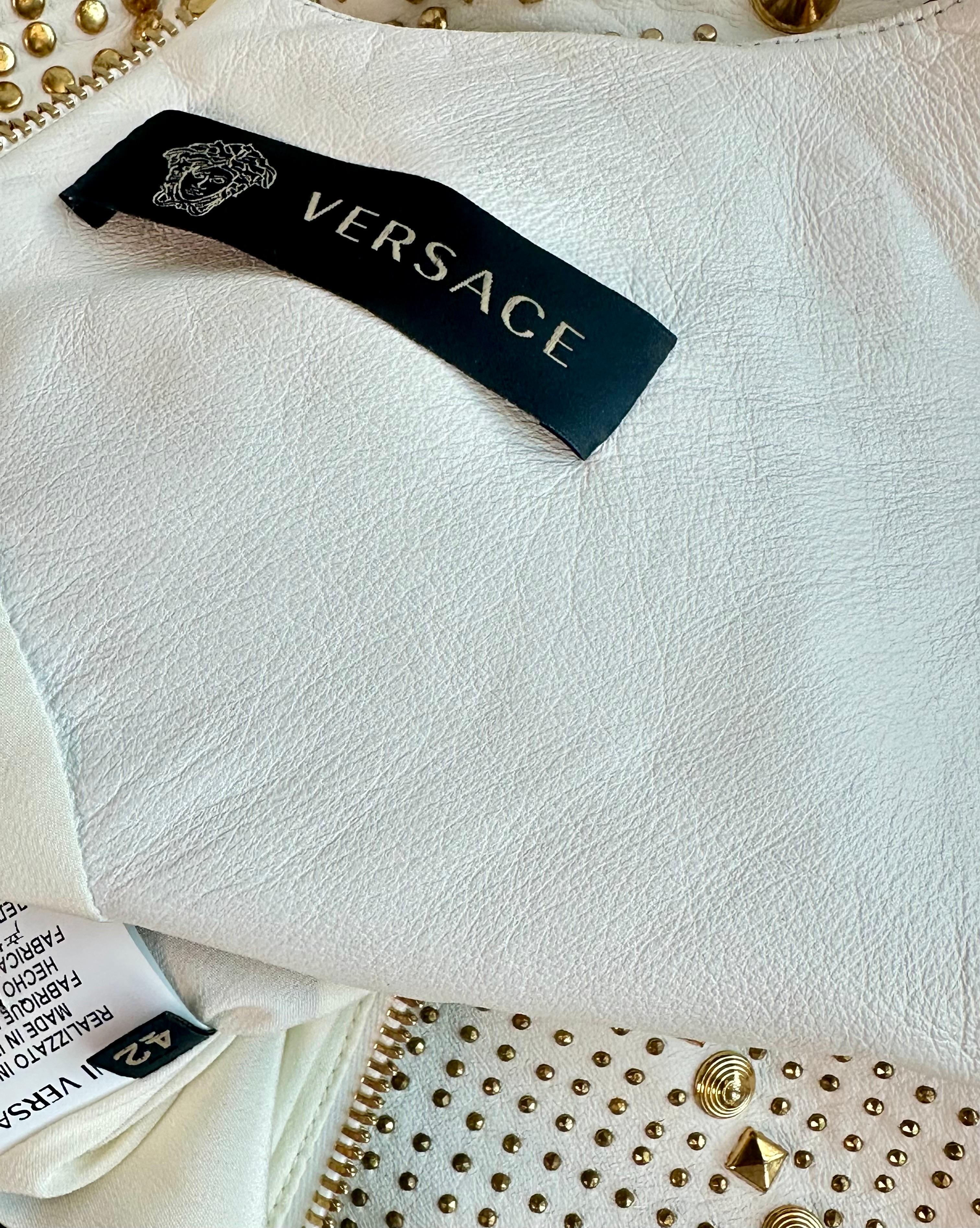 Versace S/S 2012 Runway Embellished Gold Studded Ivory Leather Dress  For Sale 10