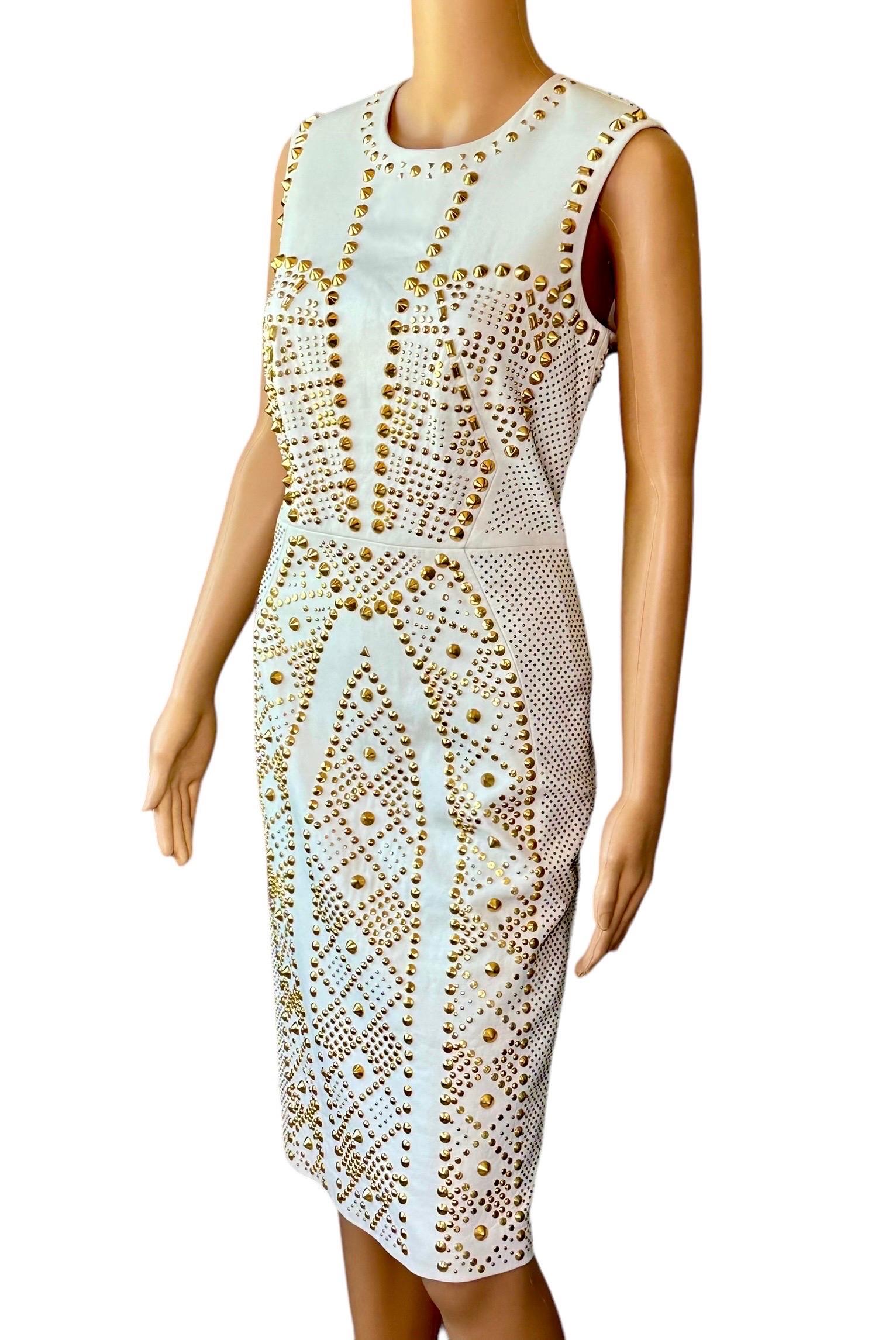 Versace S/S 2012 Runway Embellished Gold Studded Ivory Leather Dress  In Good Condition For Sale In Naples, FL