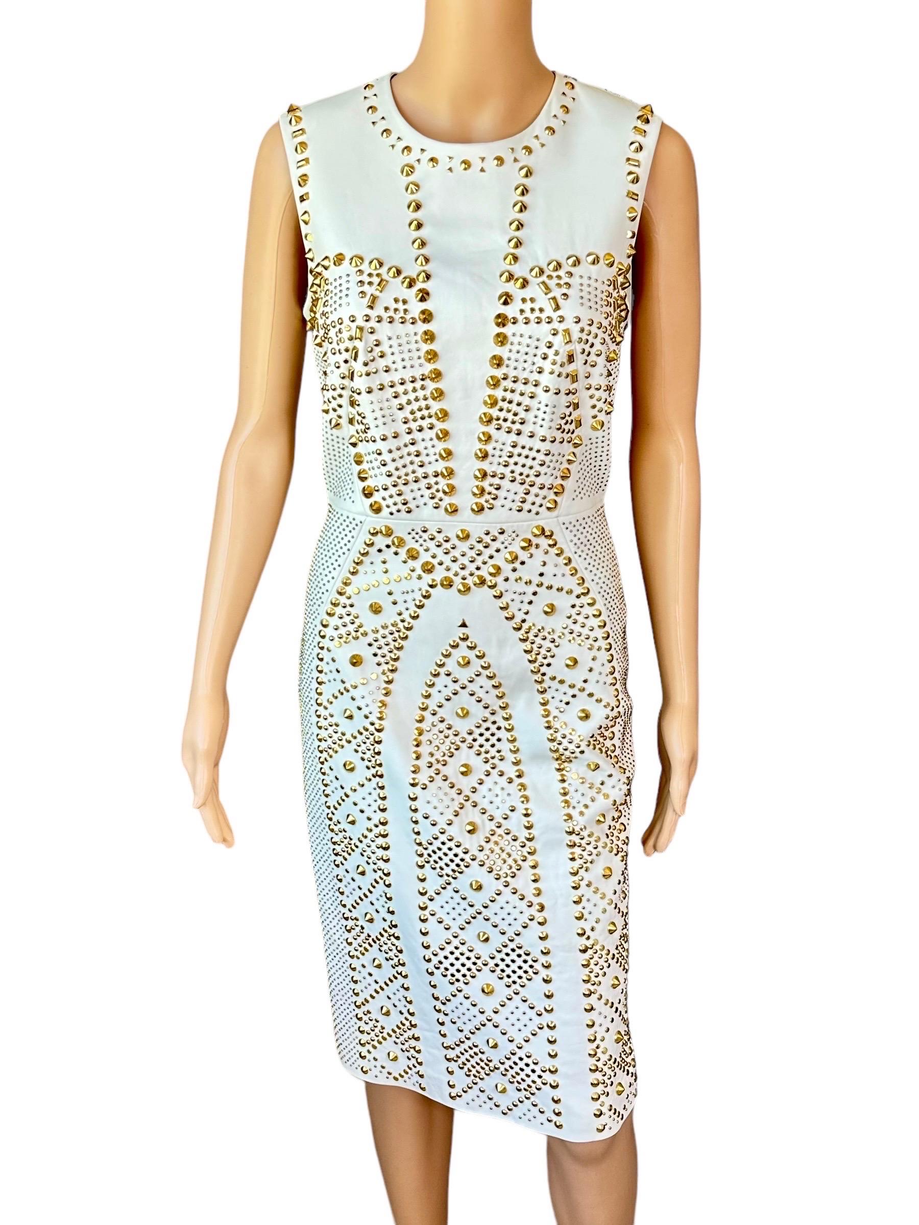 Women's Versace S/S 2012 Runway Embellished Gold Studded Ivory Leather Dress  For Sale