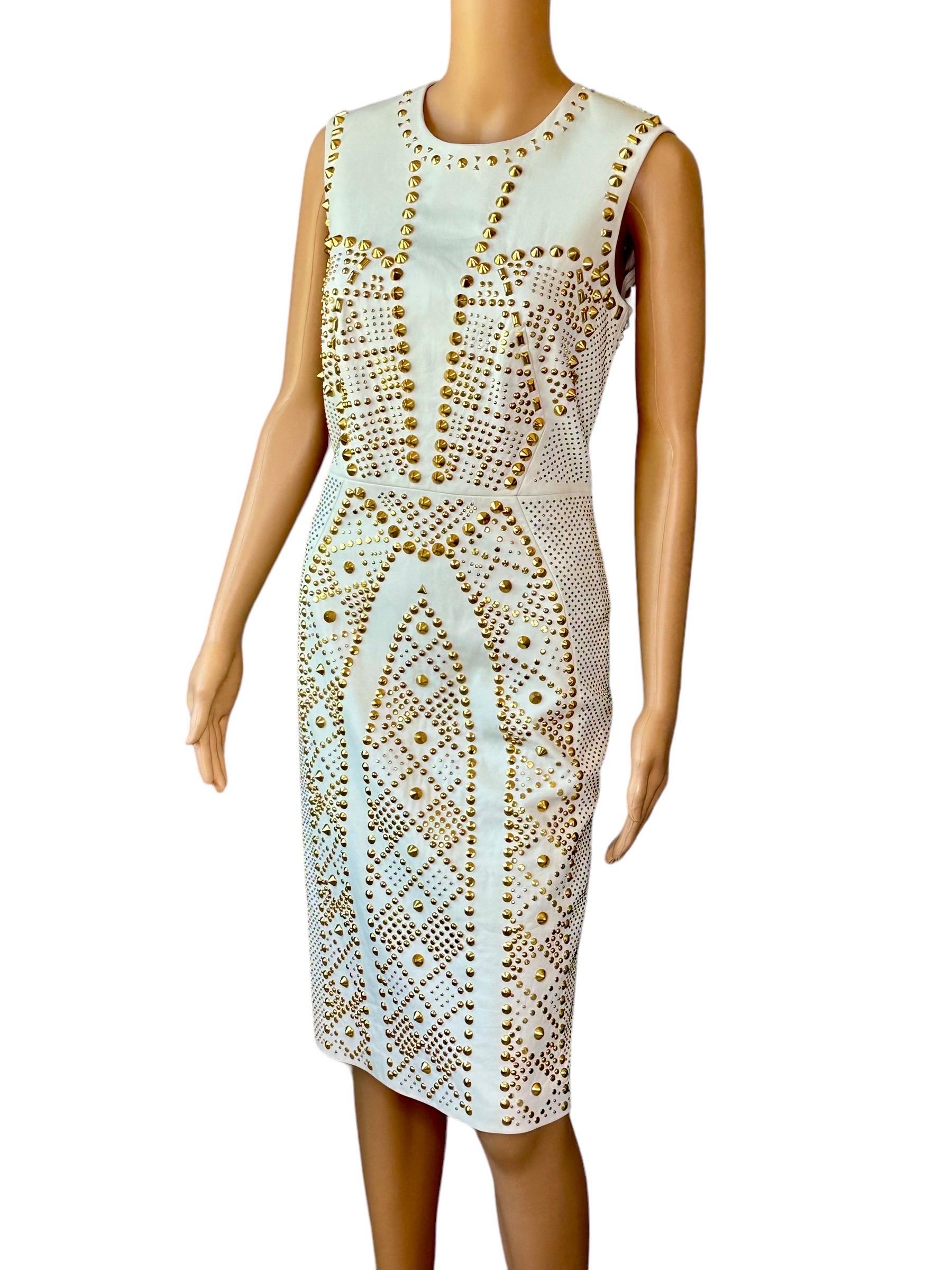 Versace S/S 2012 Runway Embellished Gold Studded Ivory Leather Dress  For Sale 1