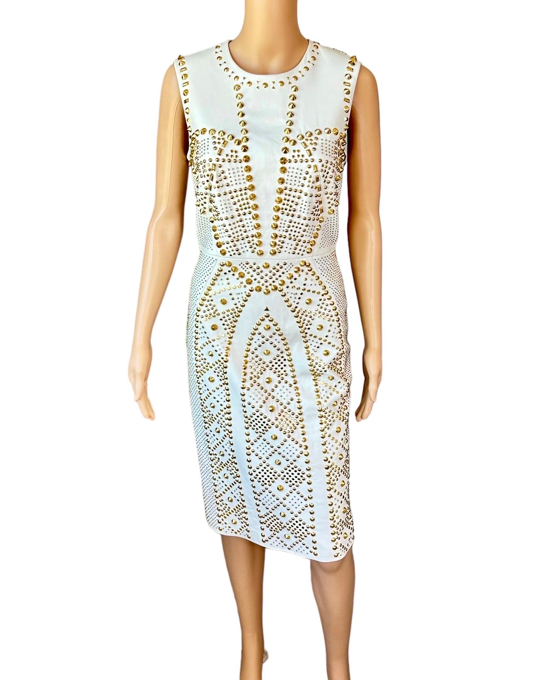 Versace S/S 2012 Runway Embellished Gold Studded Ivory Leather Dress  For Sale 2