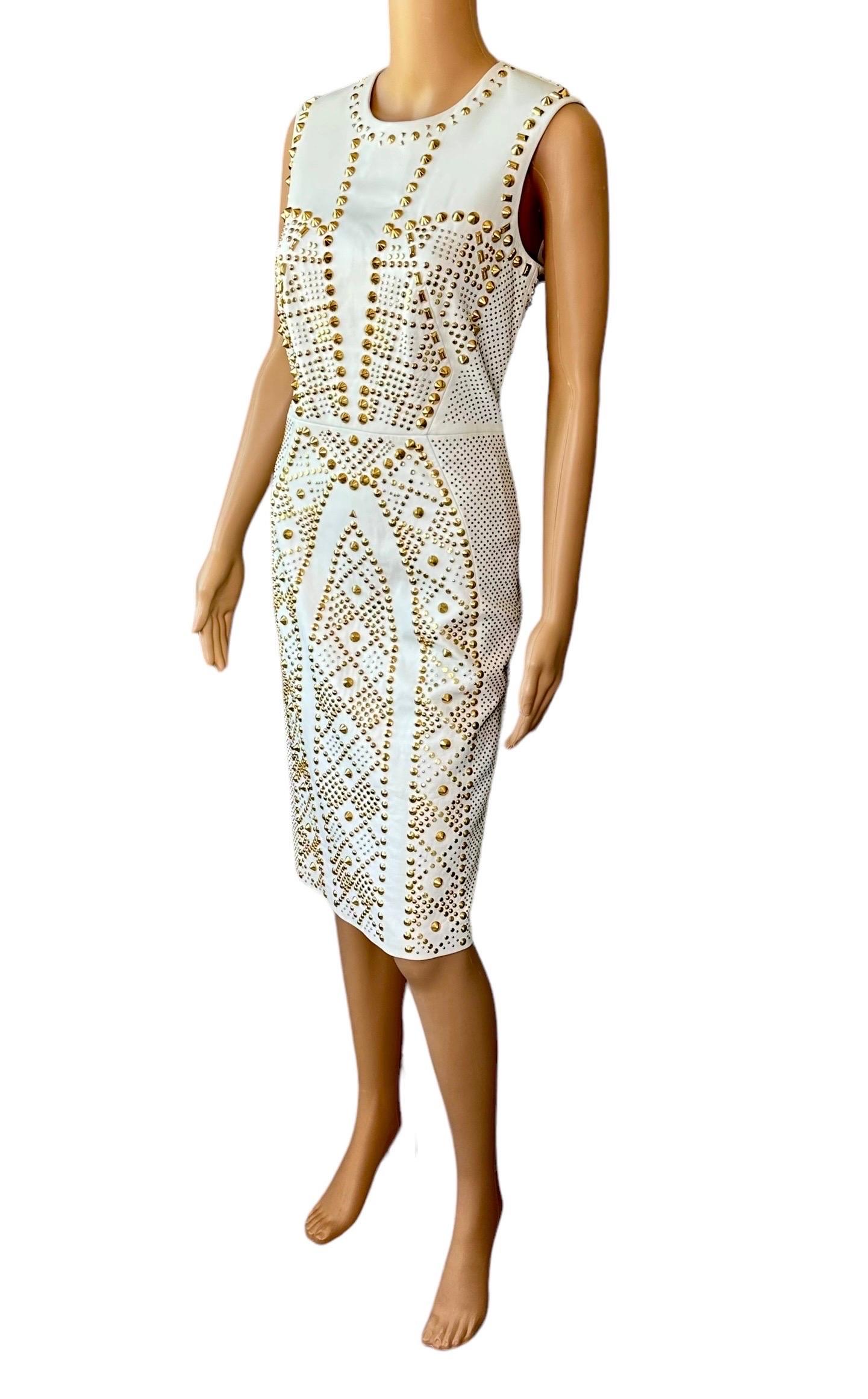 Versace S/S 2012 Runway Embellished Gold Studded Ivory Leather Dress  For Sale 3