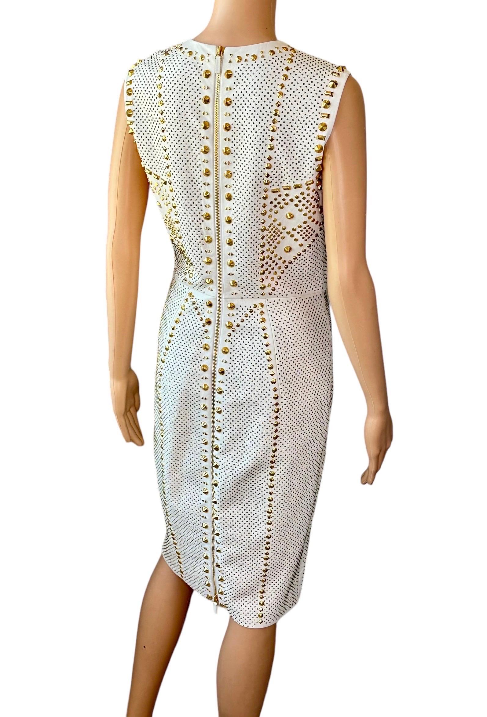 Versace S/S 2012 Runway Embellished Gold Studded Ivory Leather Dress  For Sale 5