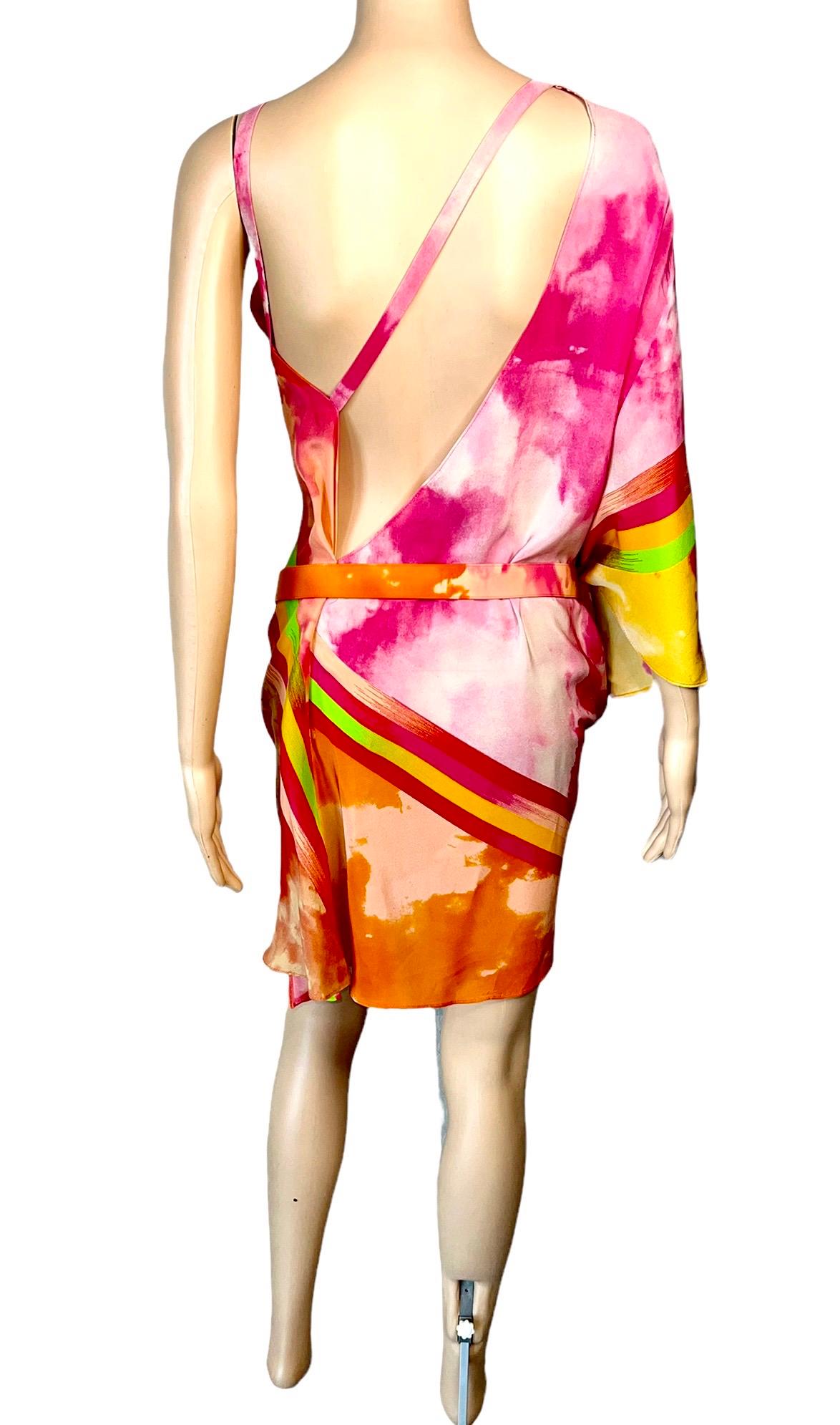 Versace S/S 2013 Runway Medusa Tie Dye Print Cutout Back Belted Mini Dress In Good Condition For Sale In Naples, FL