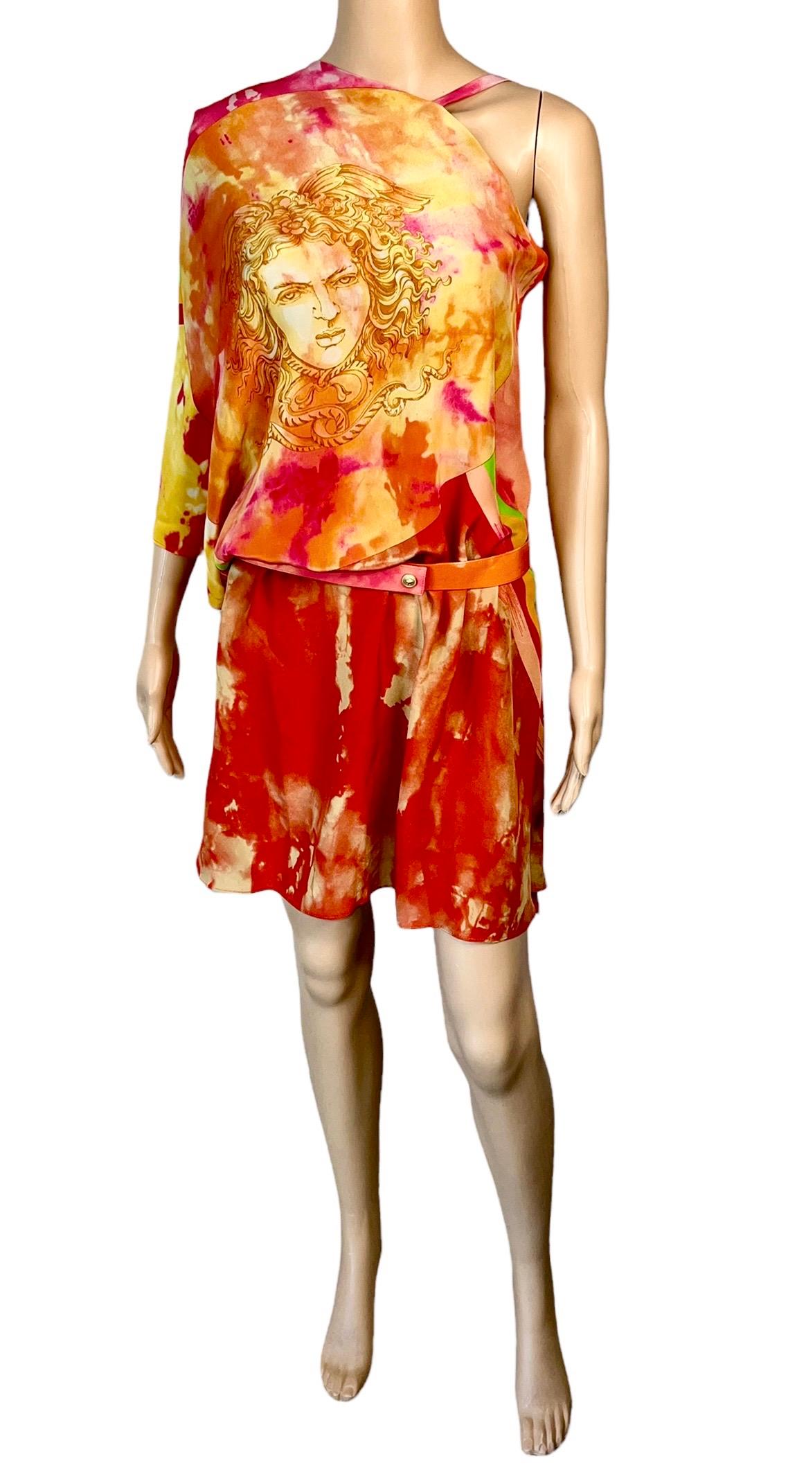 Women's Versace S/S 2013 Runway Medusa Tie Dye Print Cutout Back Belted Mini Dress For Sale