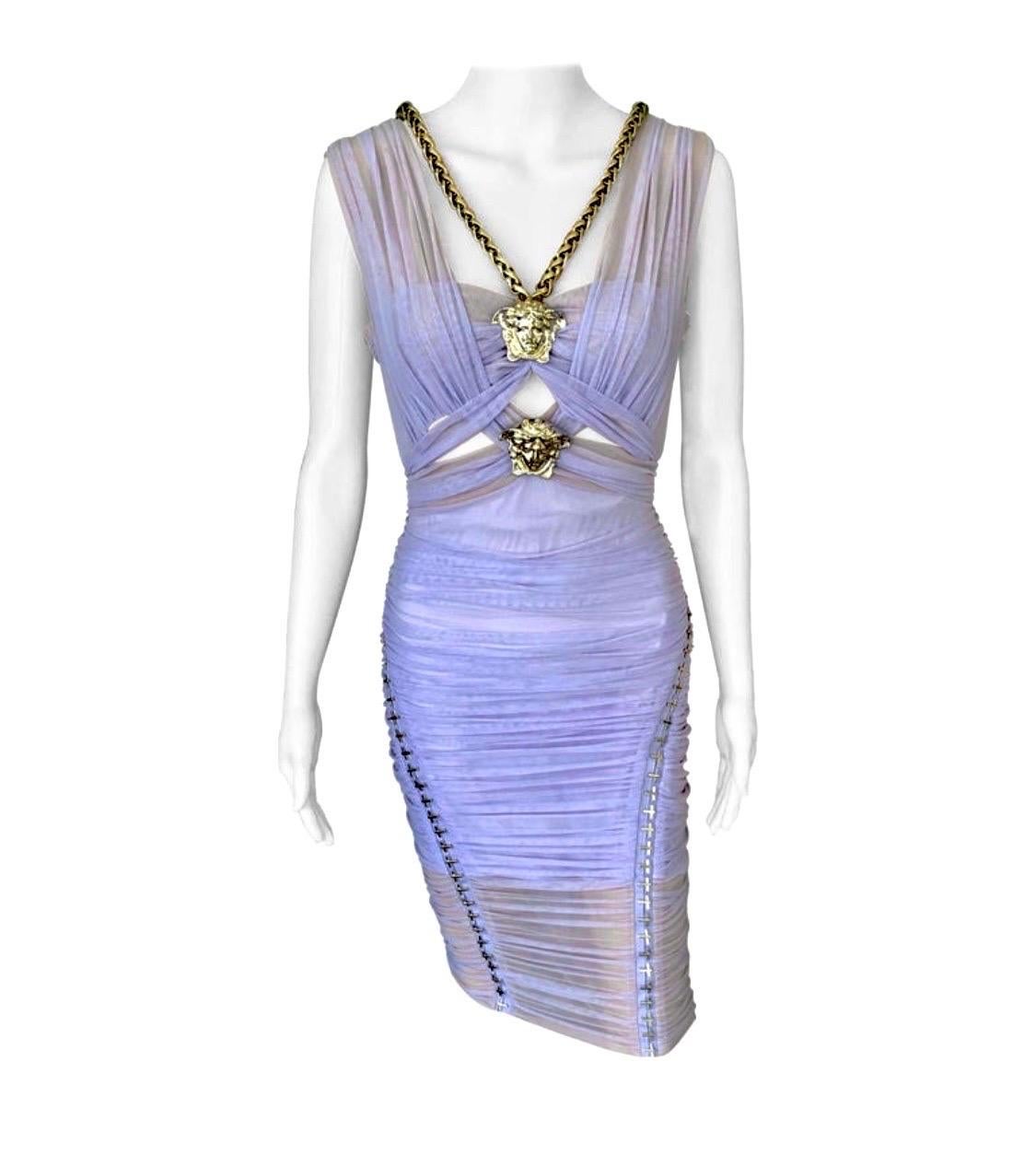 Versace S/S 2014 Laufsteg Medusa Kette verschönert Ausgeschnittenes halbdurchsichtiges gerafftes Kleid  8