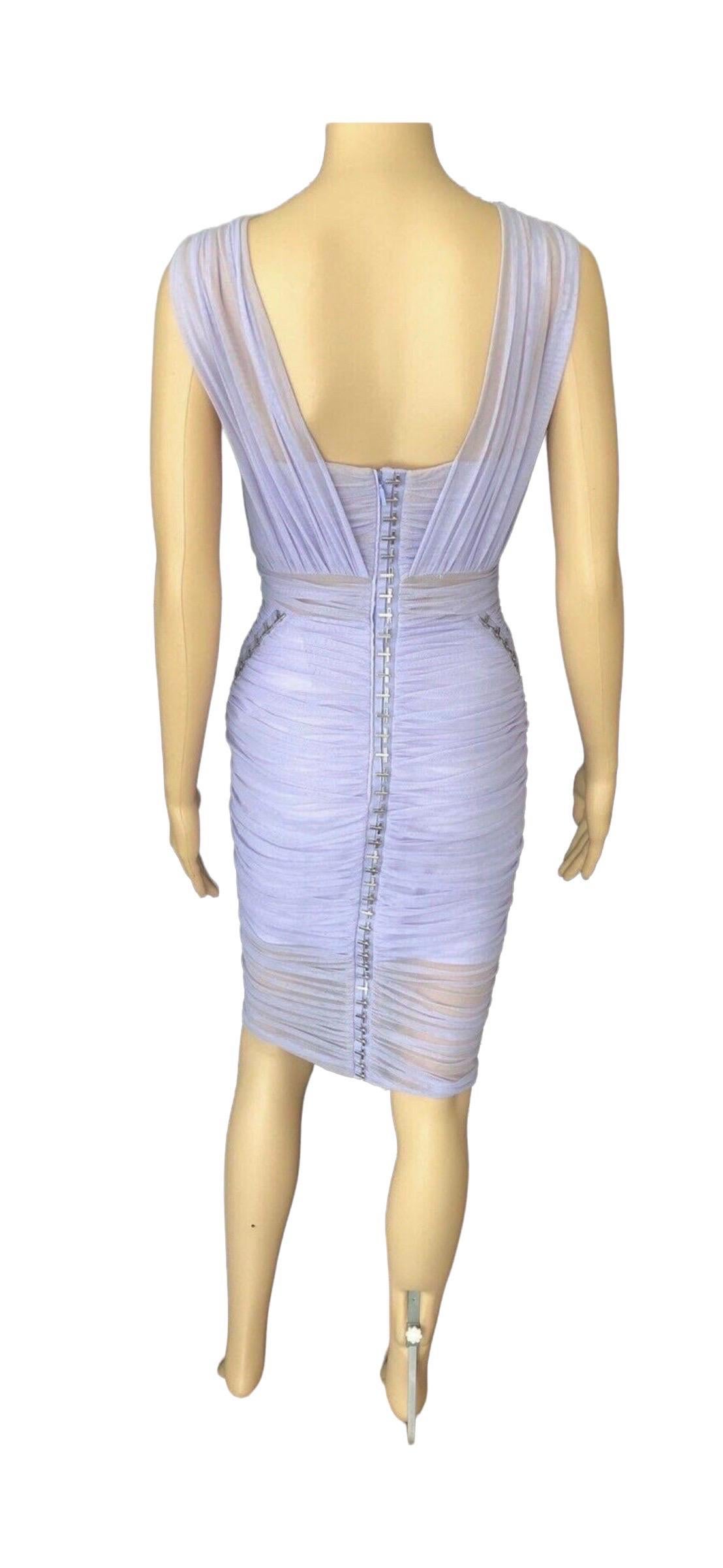 Gray Versace S/S 2014 Runway Medusa Chain Embellished Cutout Semi-Sheer Ruched Dress 