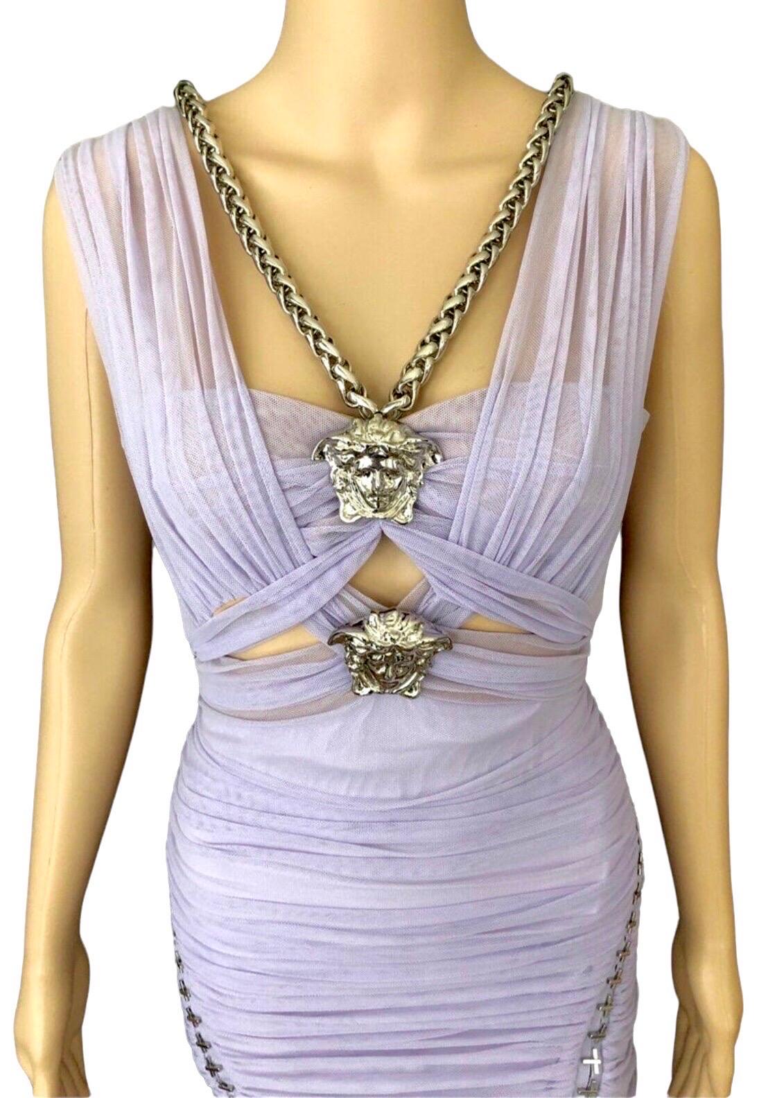 Women's Versace S/S 2014 Runway Medusa Chain Embellished Cutout Semi-Sheer Ruched Dress 