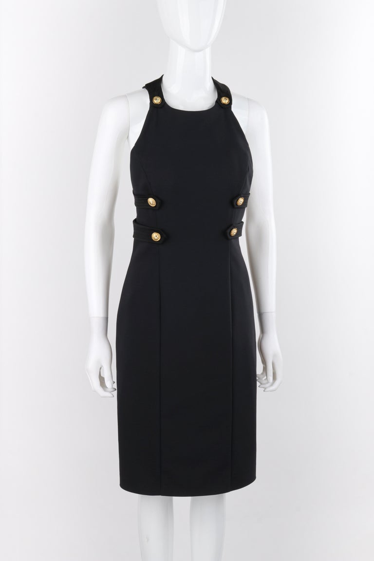 VERSACE S/S 2015 Black Bondage Gold Lion Button Overall Princess Line Dress  For Sale at 1stDibs | versace dress black and gold, versace black dress  with gold buttons, black dress gold buttons