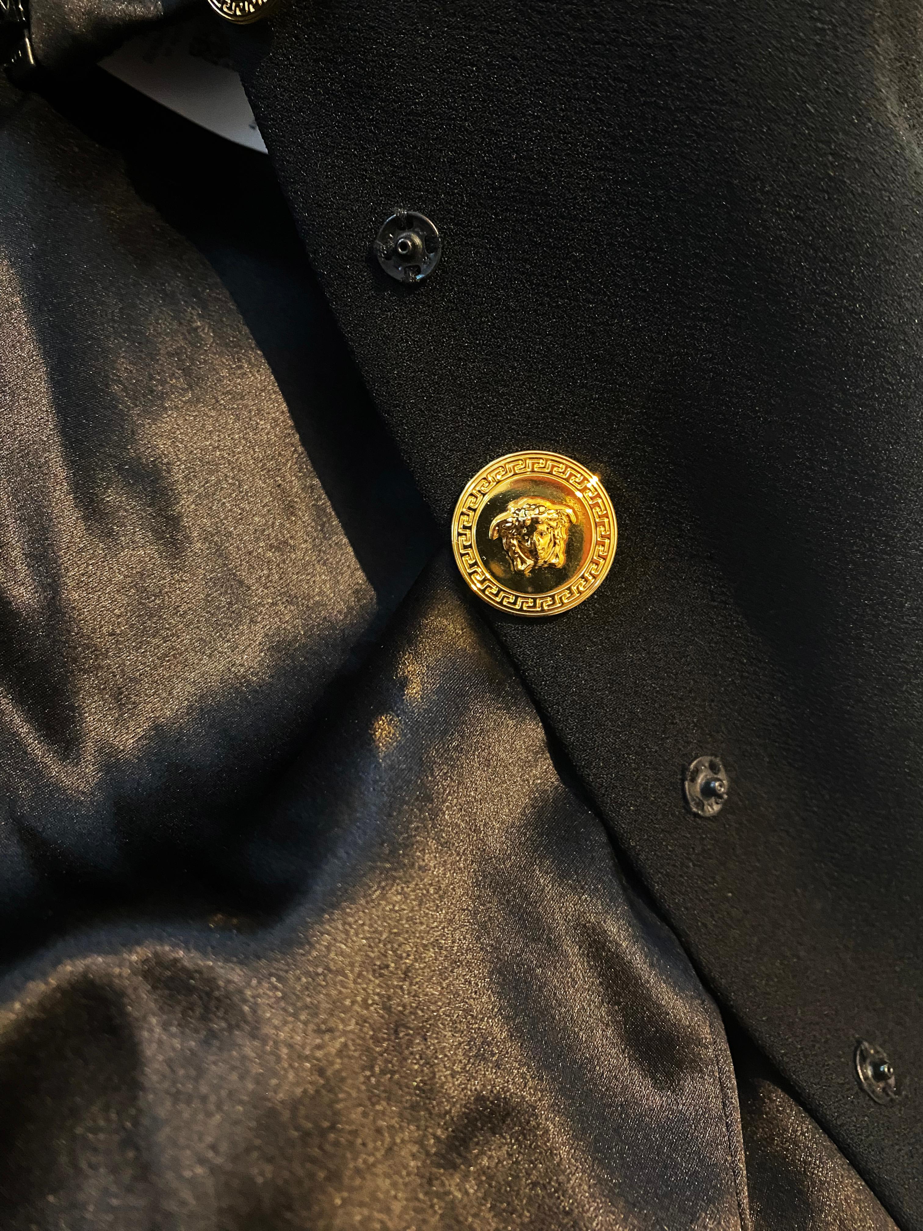Versace S/S 2020 black gold medusa button low cut blazer jacket mini dress IT38 For Sale 9
