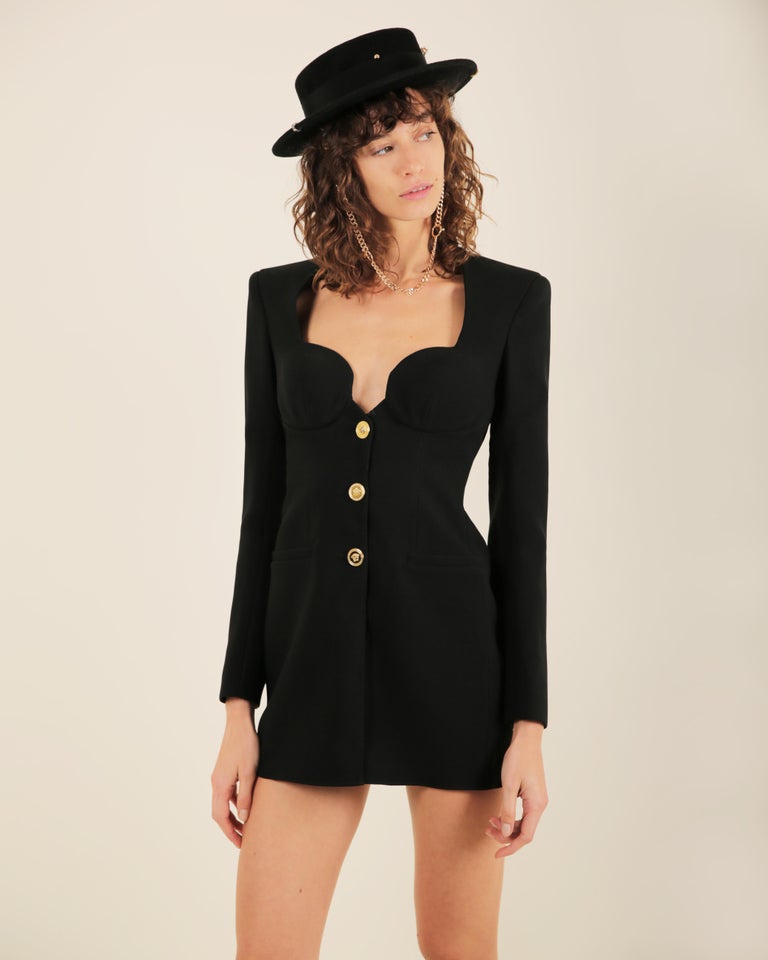 Versace S/S 2020 black gold medusa button low cut blazer jacket mini dress  IT38 For Sale at 1stDibs