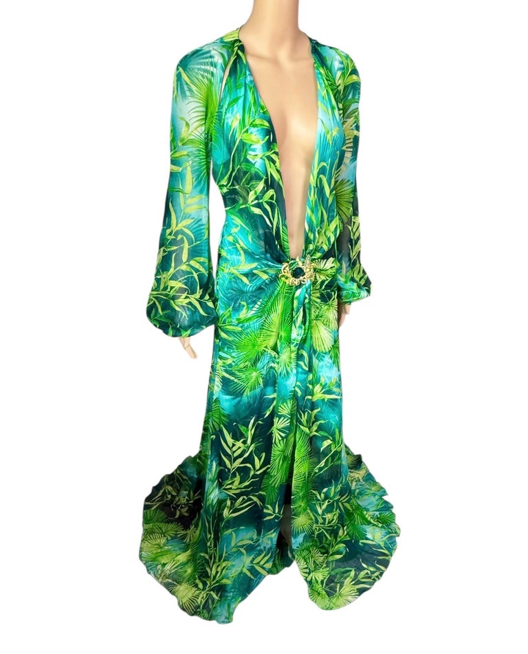 Versace S/S 2020 Embellished Plunging Jungle Print Silk Evening Dress Gown  For Sale at 1stDibs