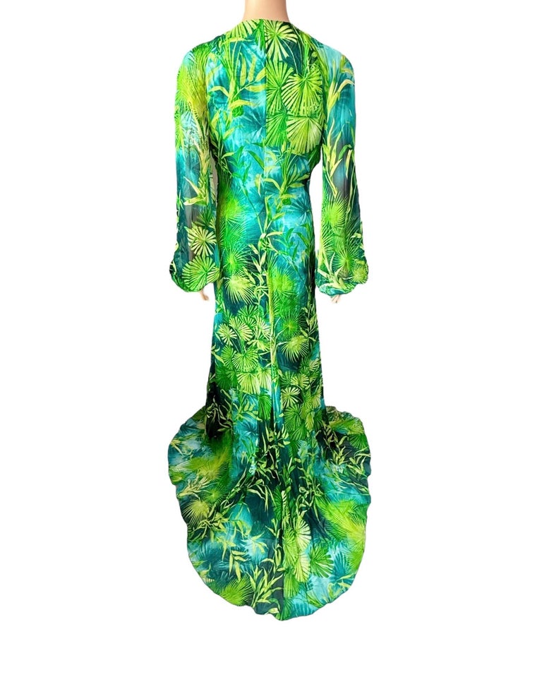 green versace silk chiffon dress S/S 2020 Embellished Plunging Jungle Print Evening Gown For Sale at 1stDibs 100% Linen