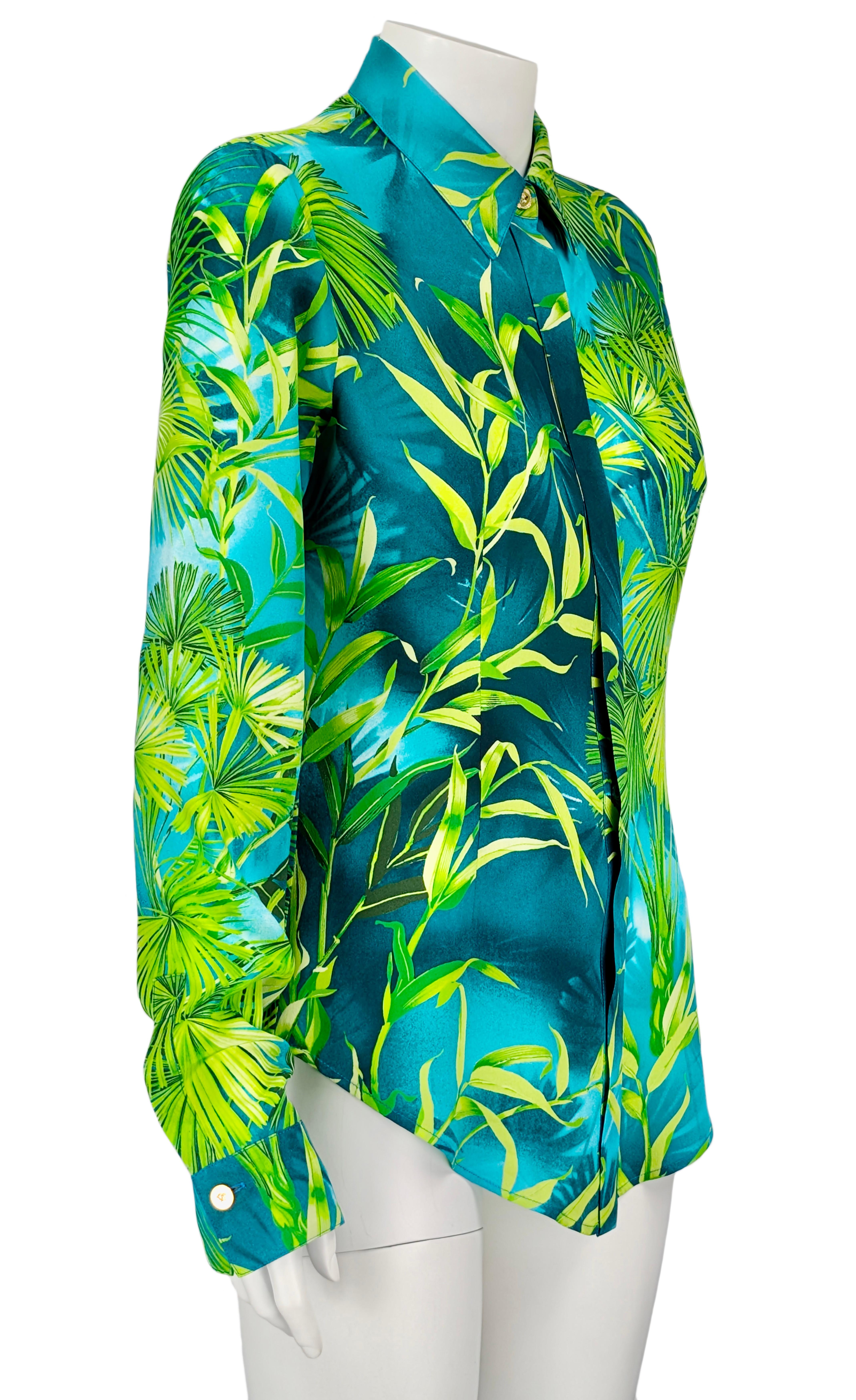 Blue VERSACE S/S 2020 silk shirt Jungle For Sale