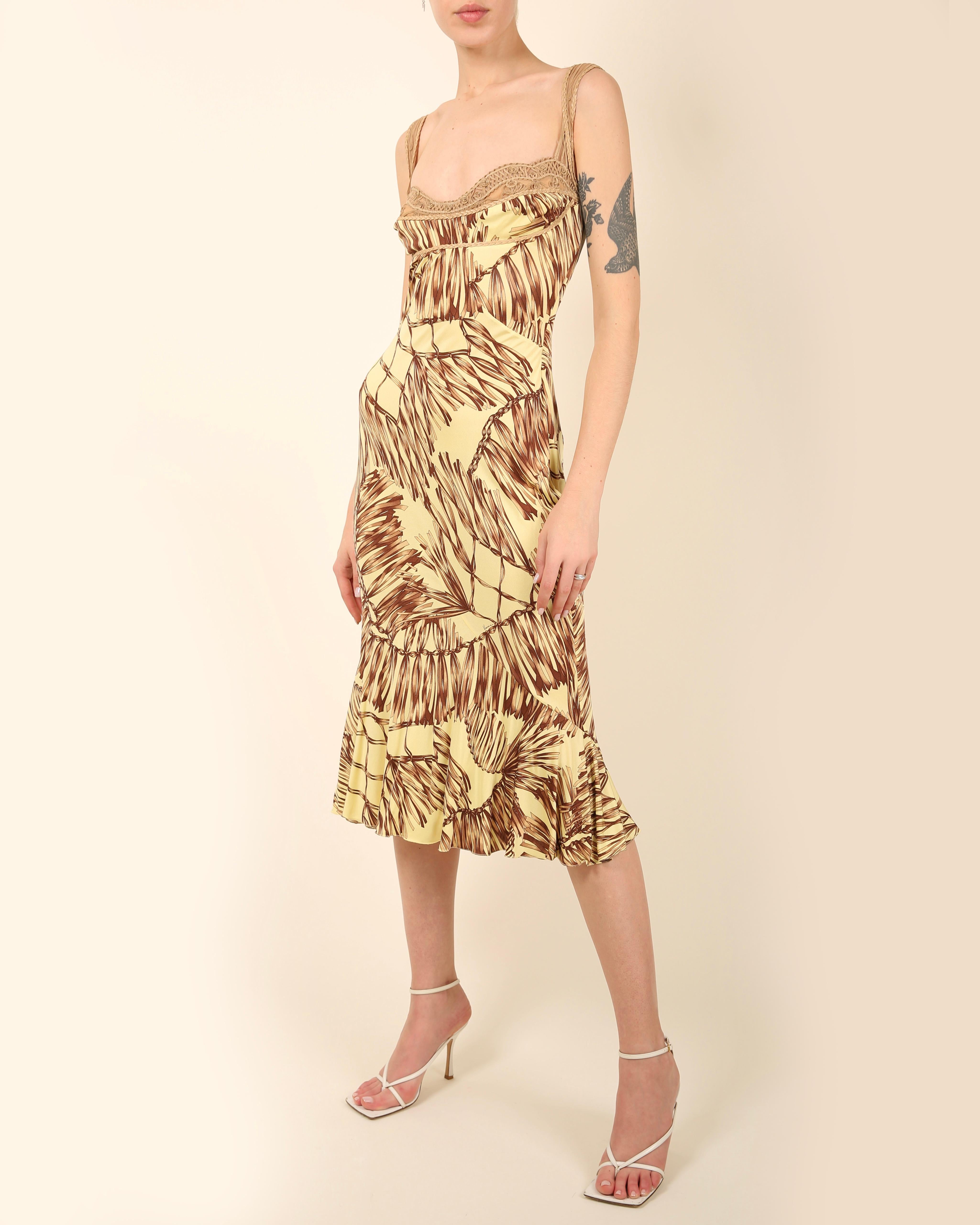 Versace S/S06 yellow brown leather silk sleeveless bustier midi dress IT 40 For Sale 2