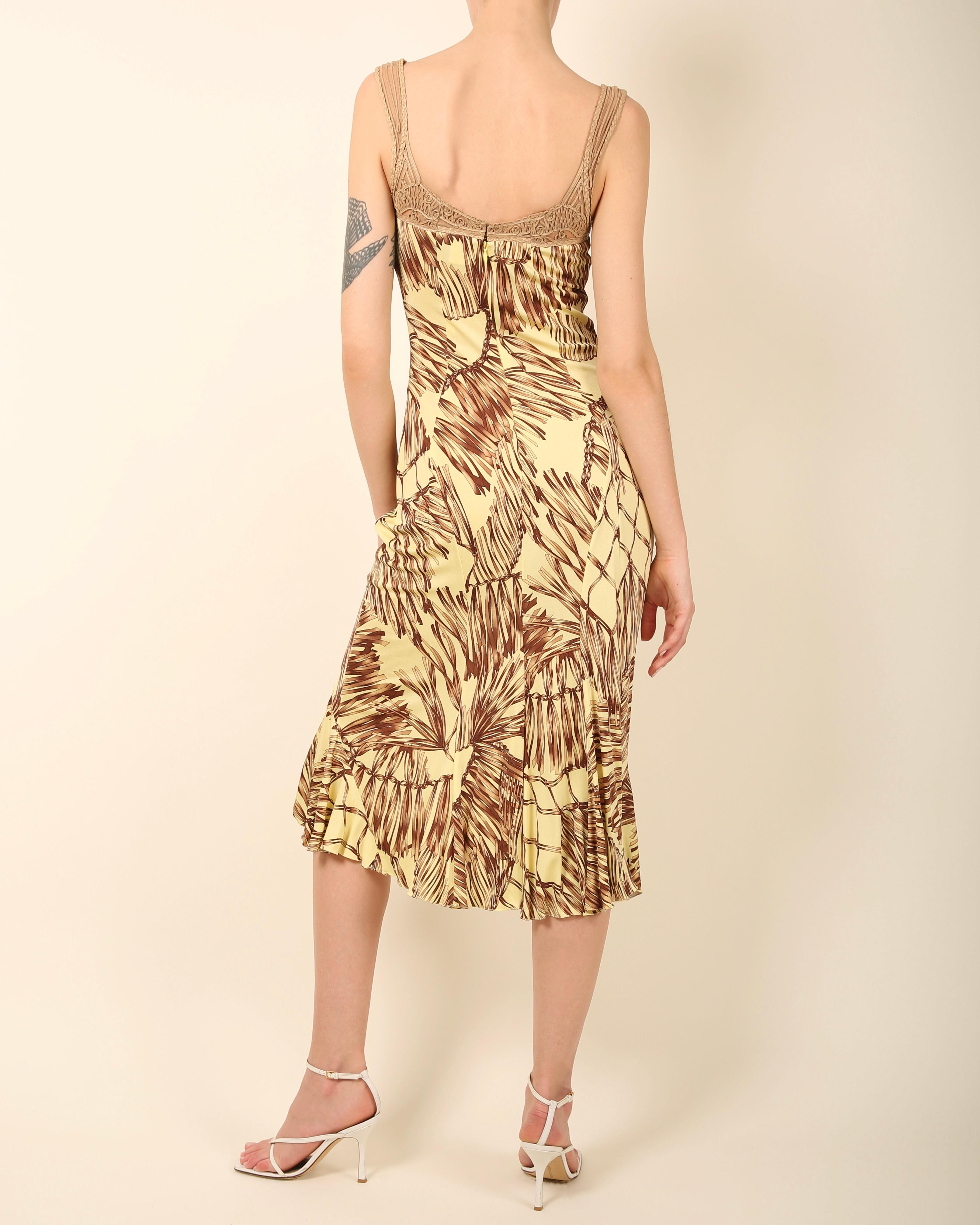 Versace S/S06 yellow brown leather silk sleeveless bustier midi dress IT 40 For Sale 3