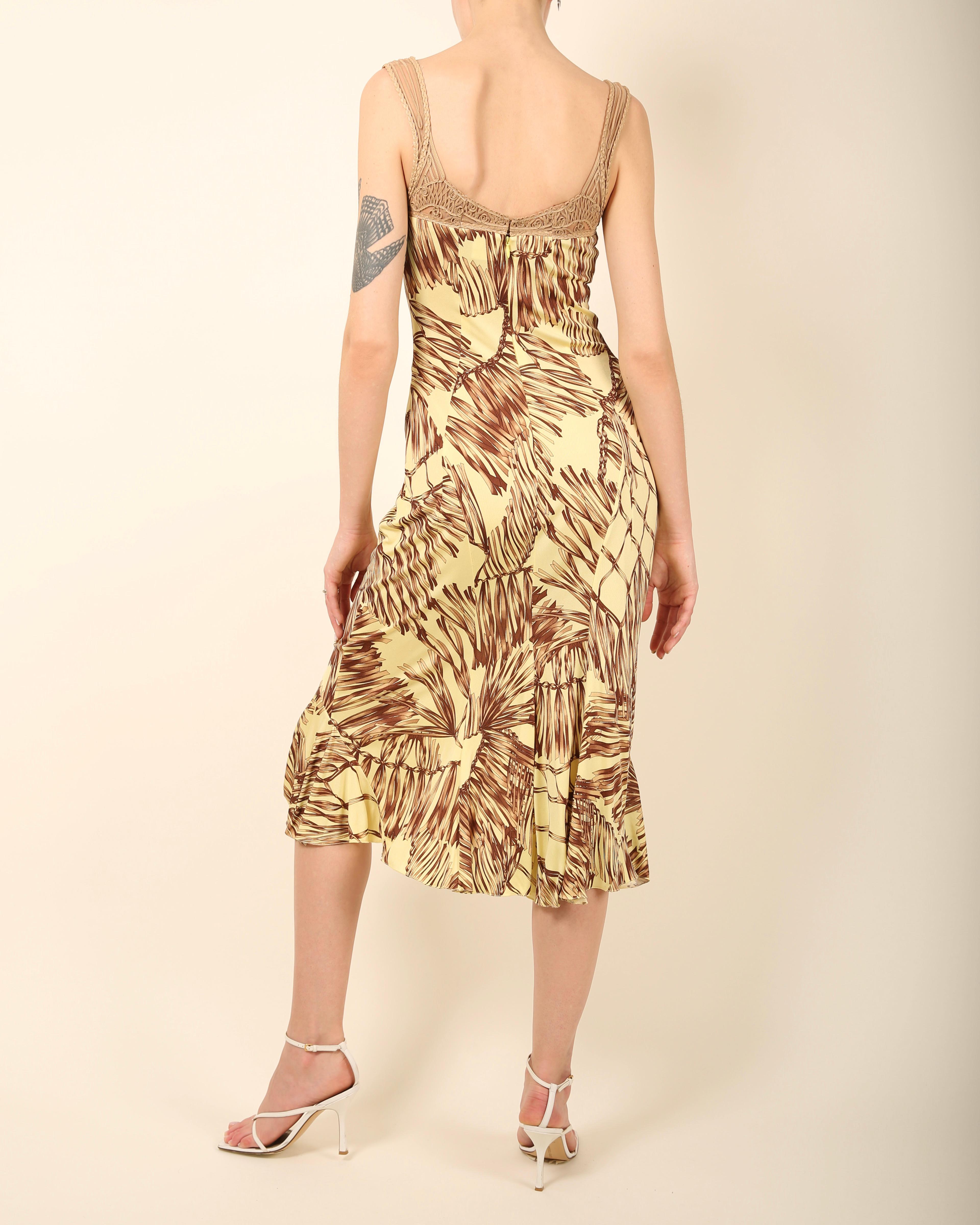 Versace S/S06 yellow brown leather silk sleeveless bustier midi dress IT 40 For Sale 4